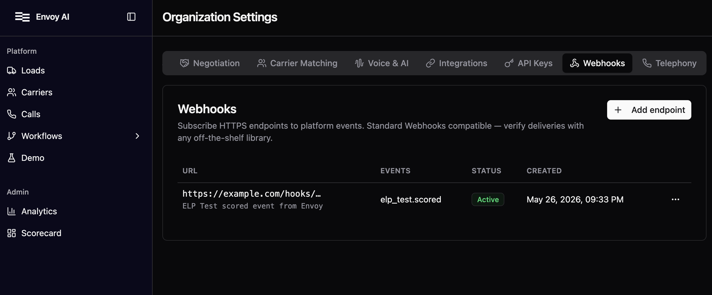 Organization → Webhooks panel showing a registered endpoint, its subscribed event types, status, and row actions