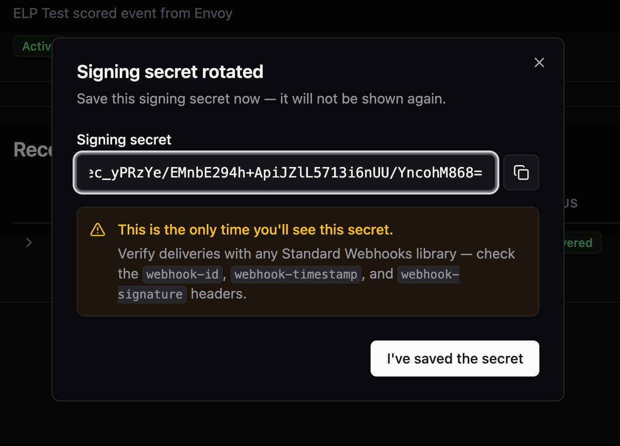 Rotate-secret modal showing the new whsec_… signing secret and the 24-hour grace window