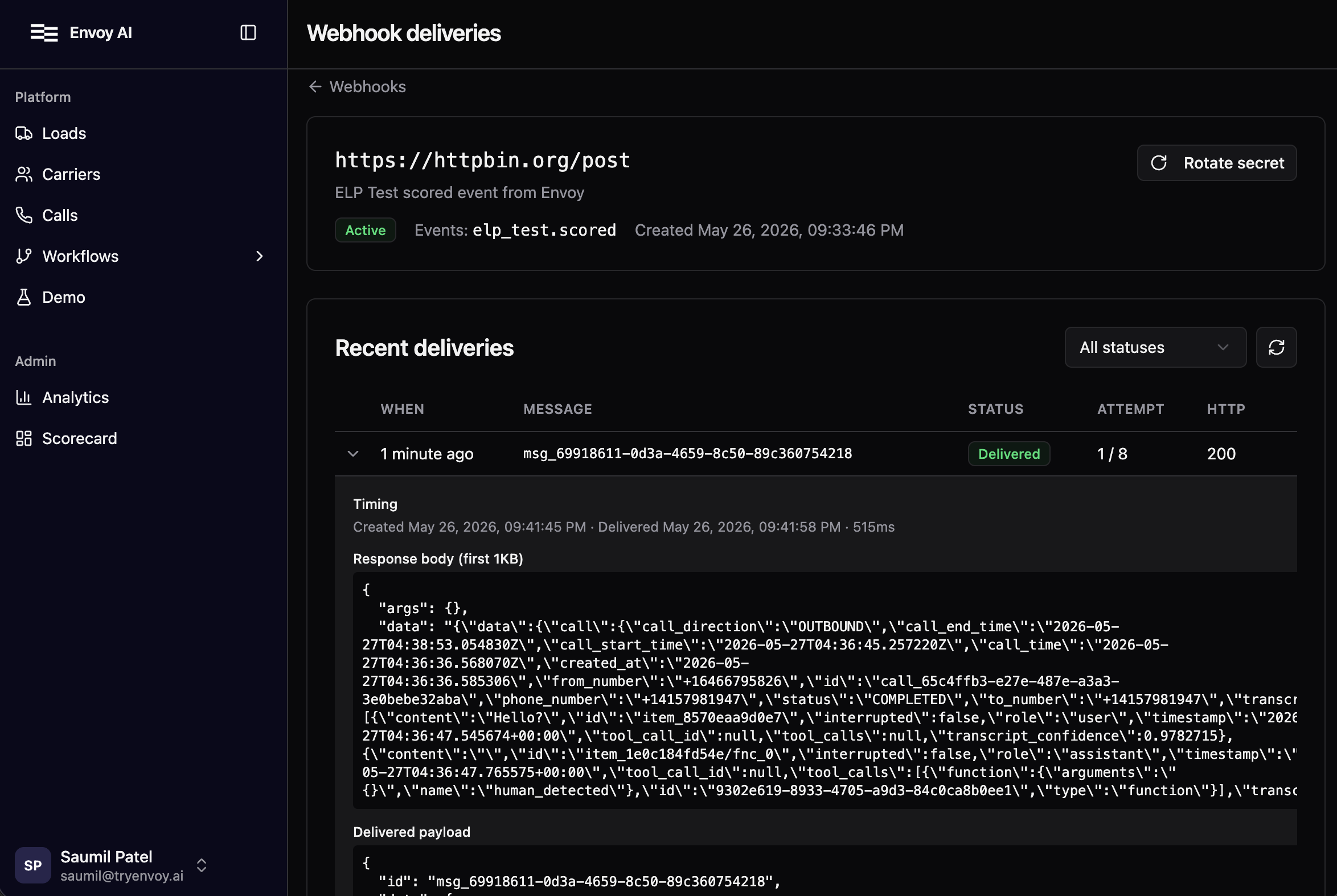 Webhook delivery log showing elp_test.scored deliveries. Same endpoint detail page covered in the Webhooks guide.