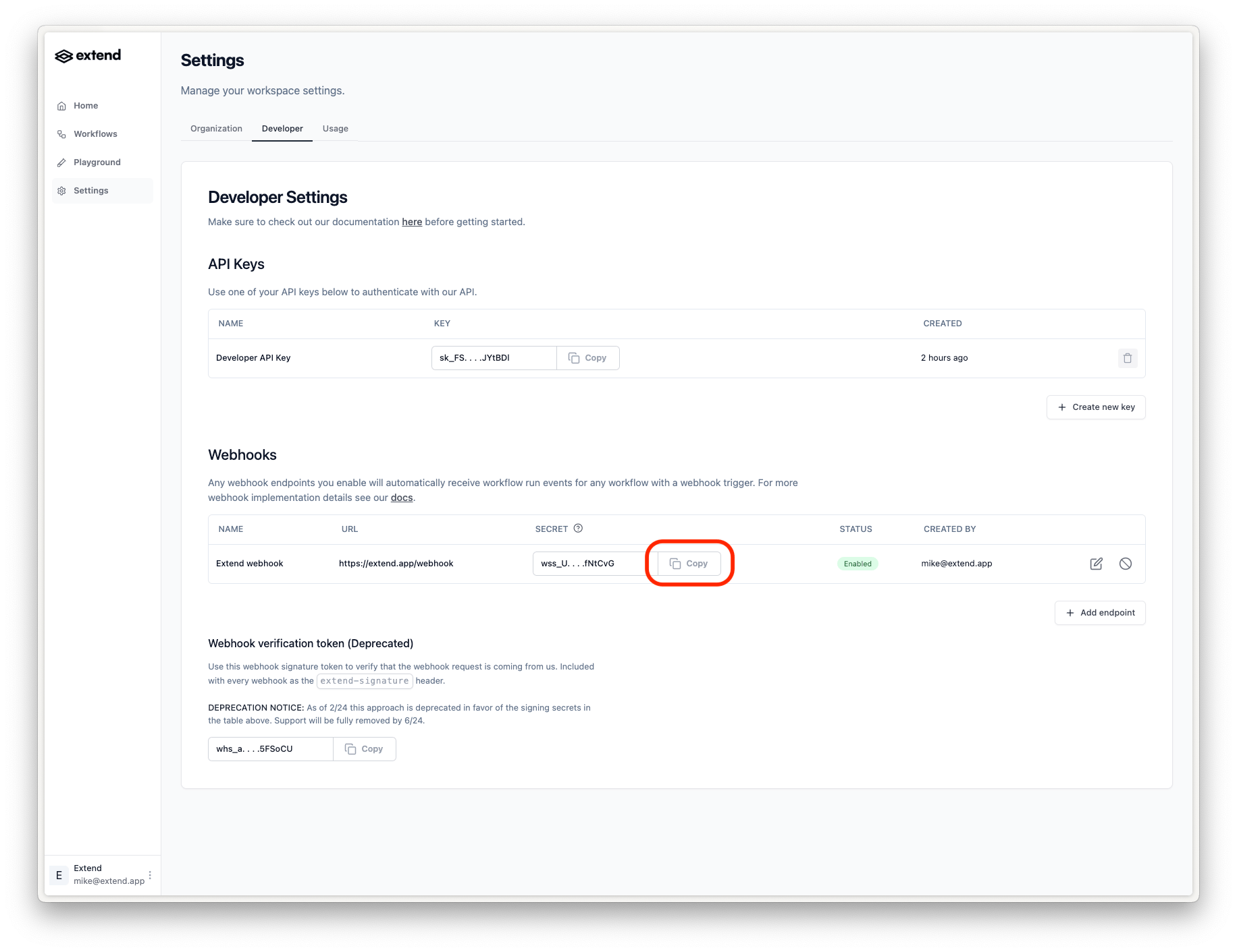 Webhook signing secret shown in endpoint settings