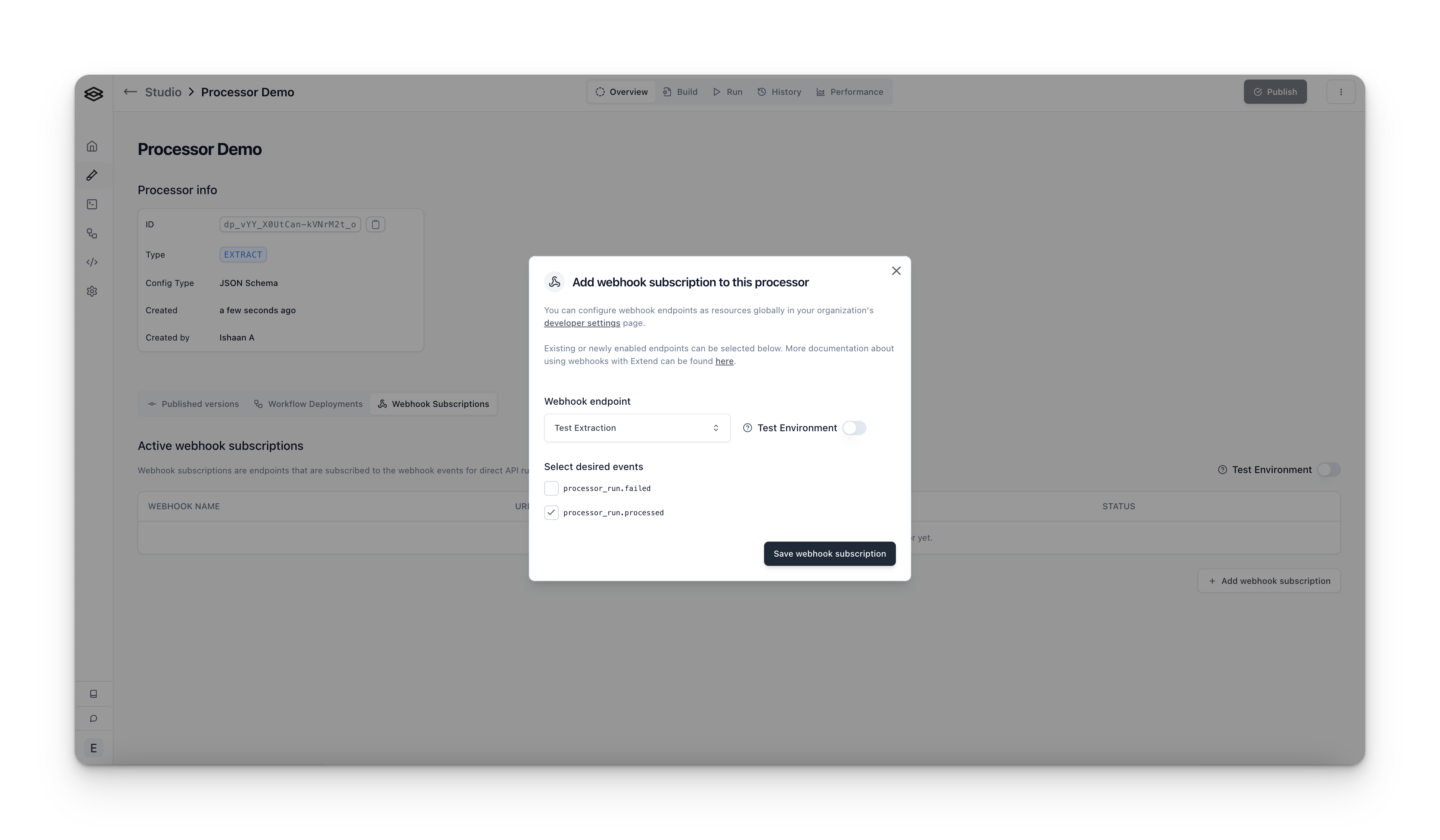 Modal for subscribing a processor to webhook events