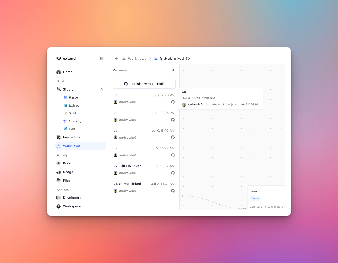 Extend workflow version history showing versions deployed from GitHub commits