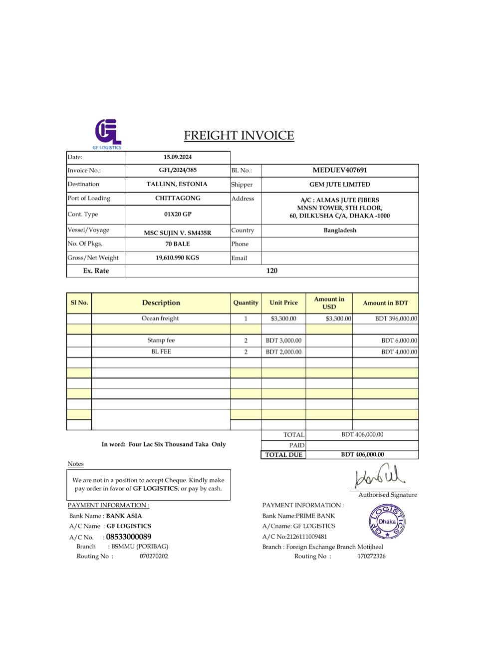 A freight invoice document