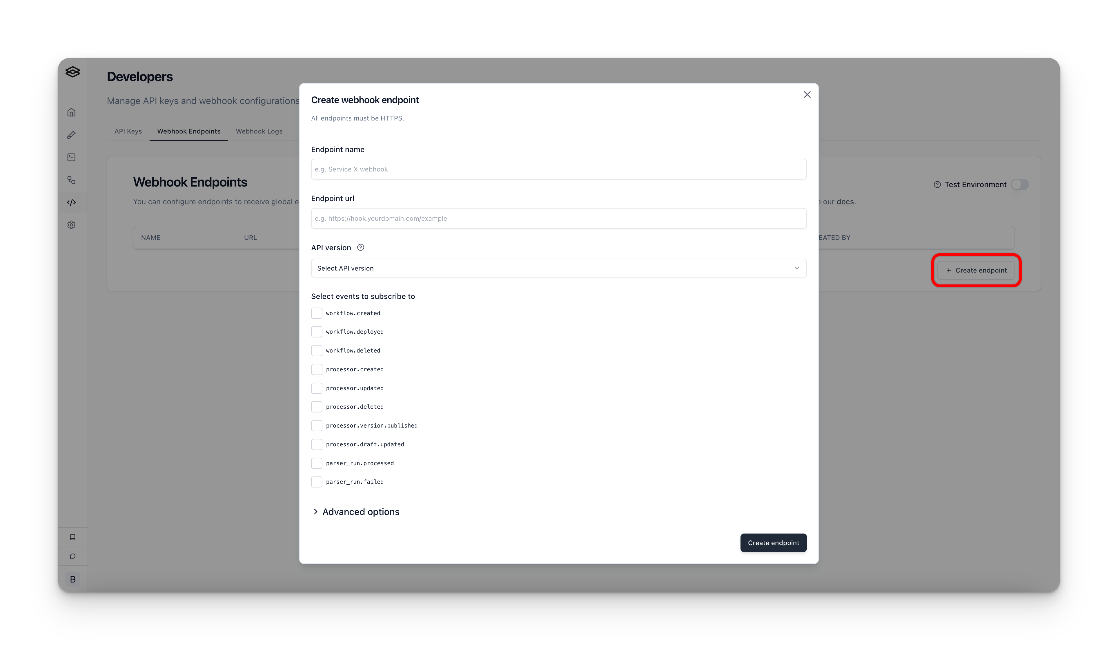 Modal for creating a new webhook endpoint