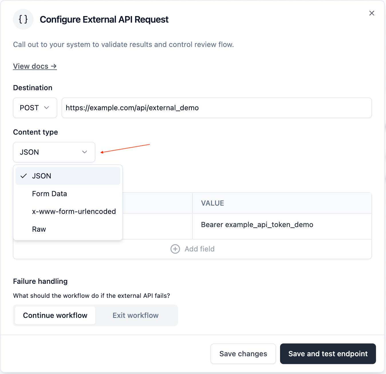 Content type selector for the outgoing validation request