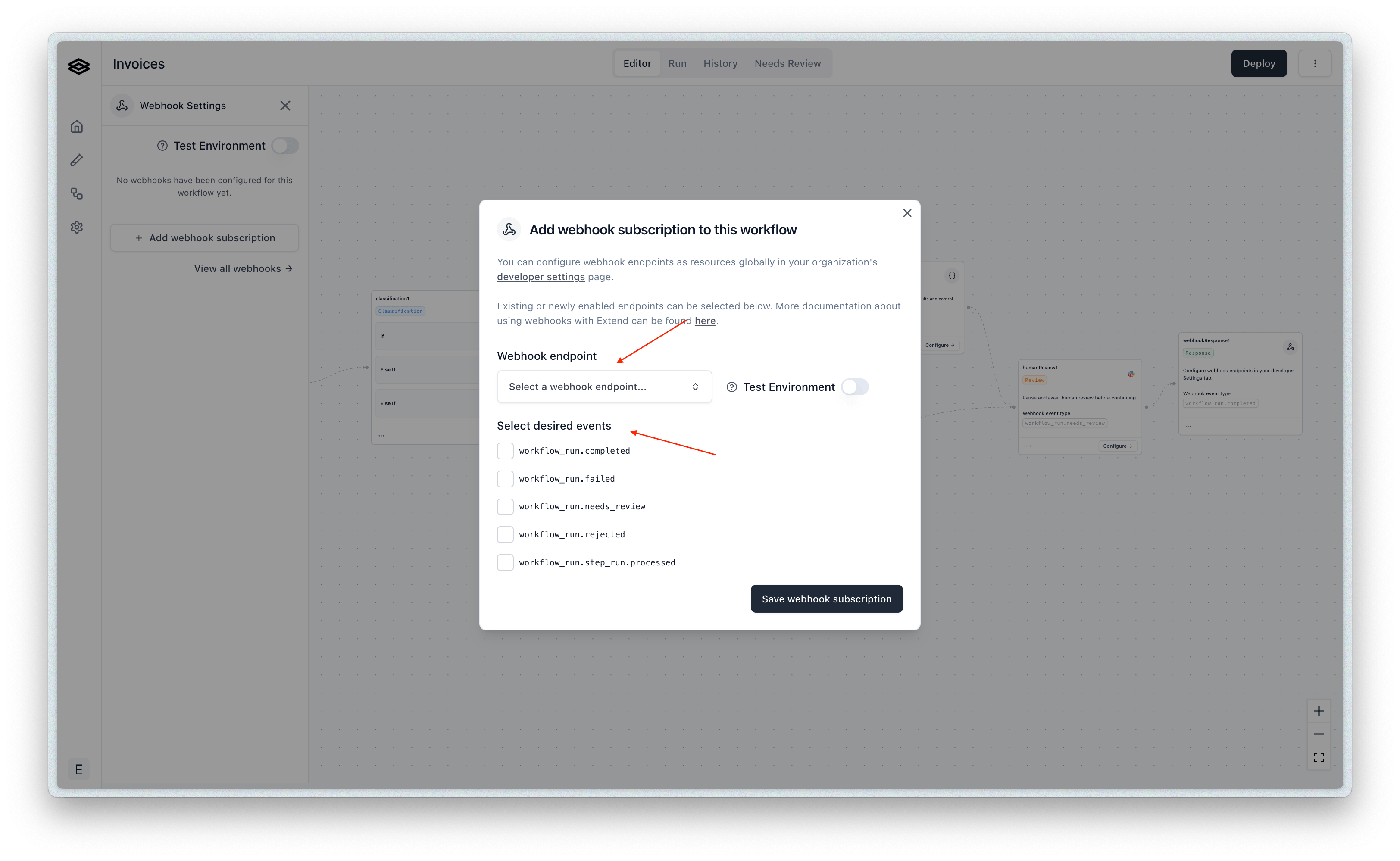 Modal for creating a webhook subscription