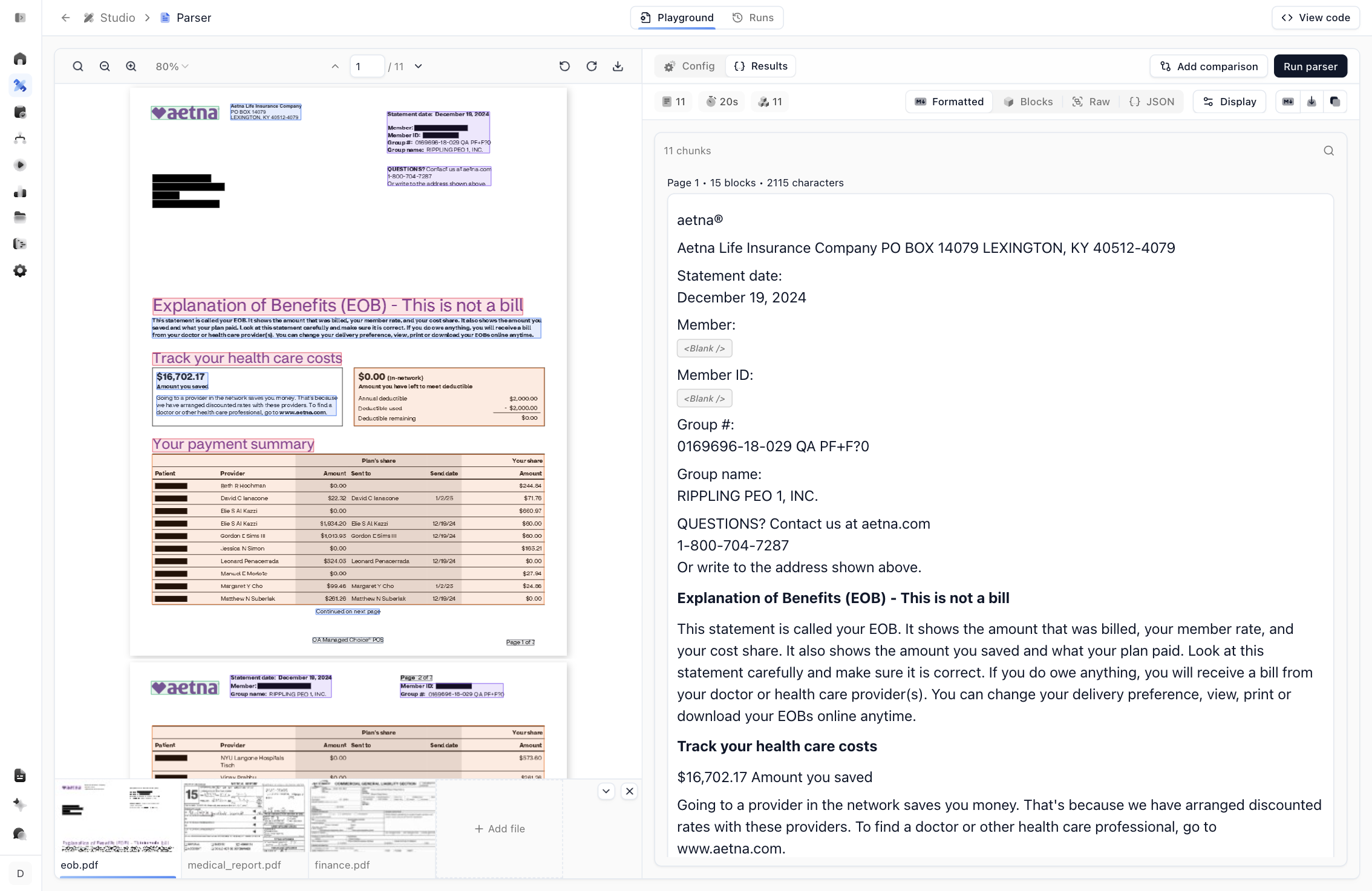 Parse playground showing the EOB document with detected regions beside the formatted markdown output