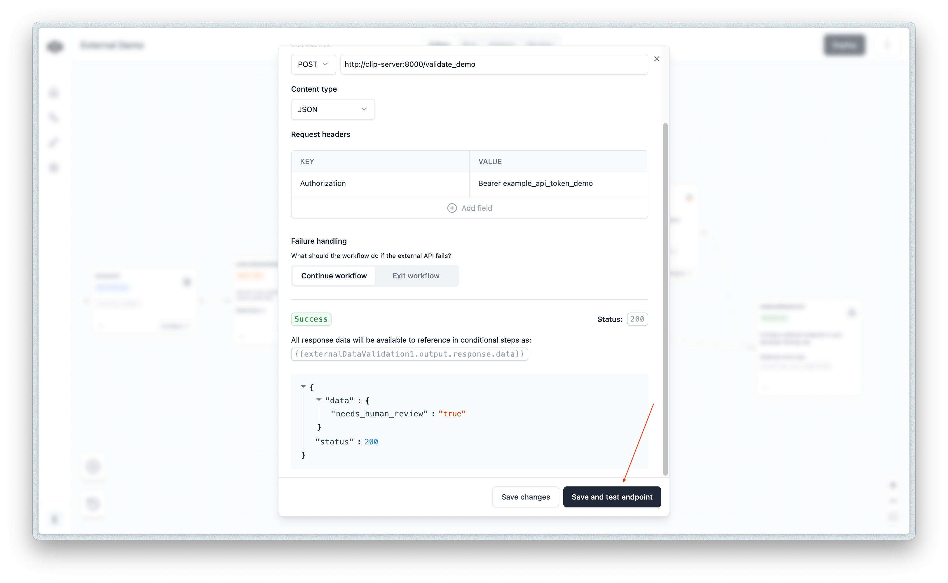 Test endpoint result showing the response status and data