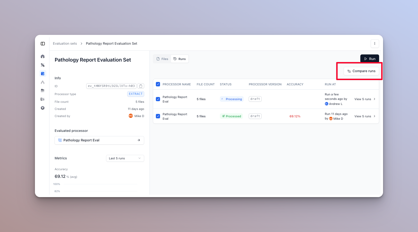 Comparing two evaluation runs side by side