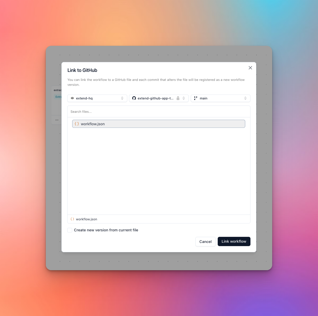 Link to GitHub dialog with a repository, branch, and workflow JSON file selected