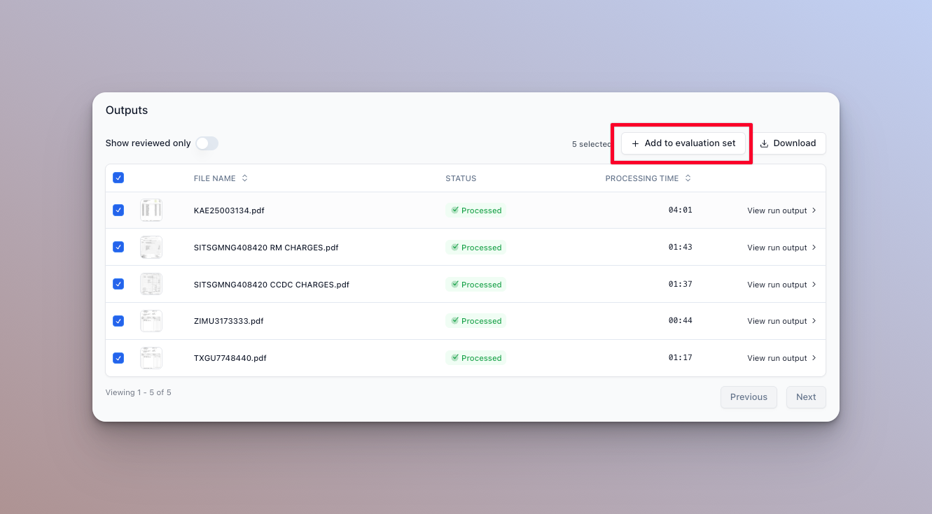Batch run results page with several documents selected and the "Add to evaluation set" action highlighted