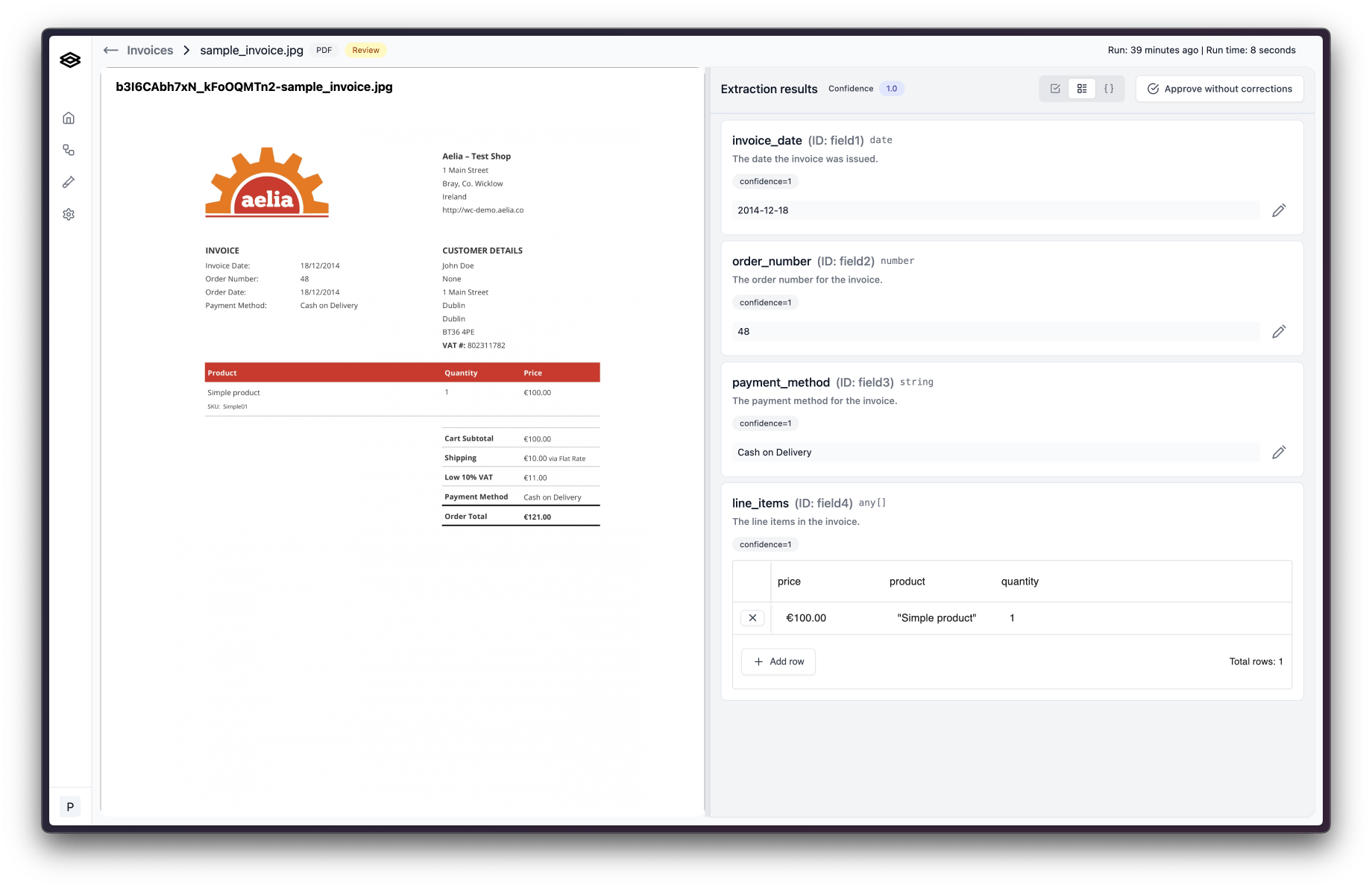 Workflow run review page showing extracted fields beside the source document