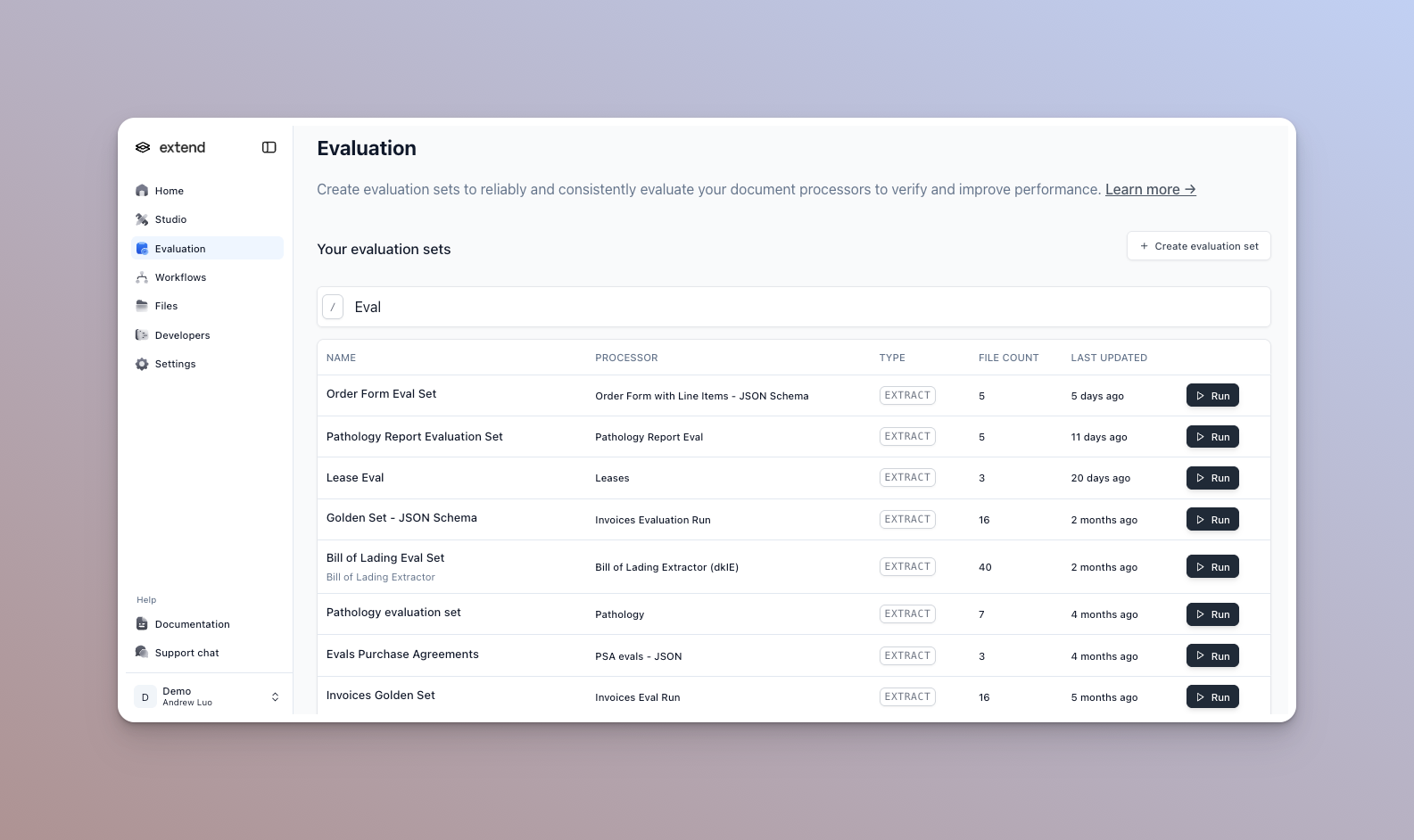Evaluation page in Extend Studio listing evaluation sets with their processors and latest run accuracy