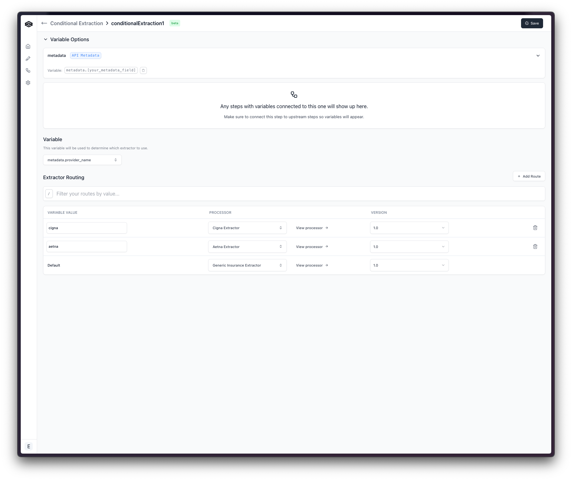 Completed configuration routing on a run metadata value to three extractors