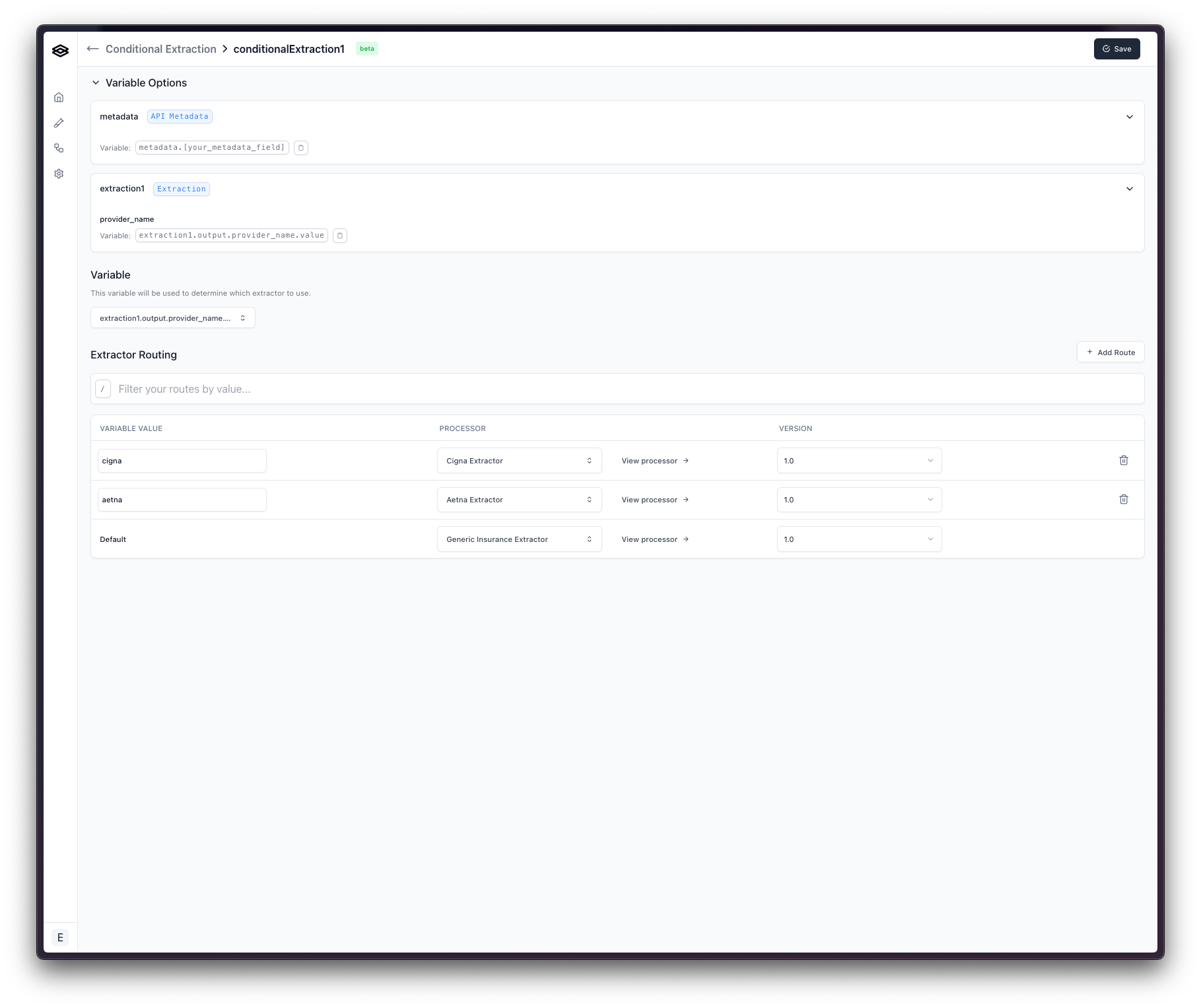 Completed configuration routing on an extracted provider_name value to three extractors