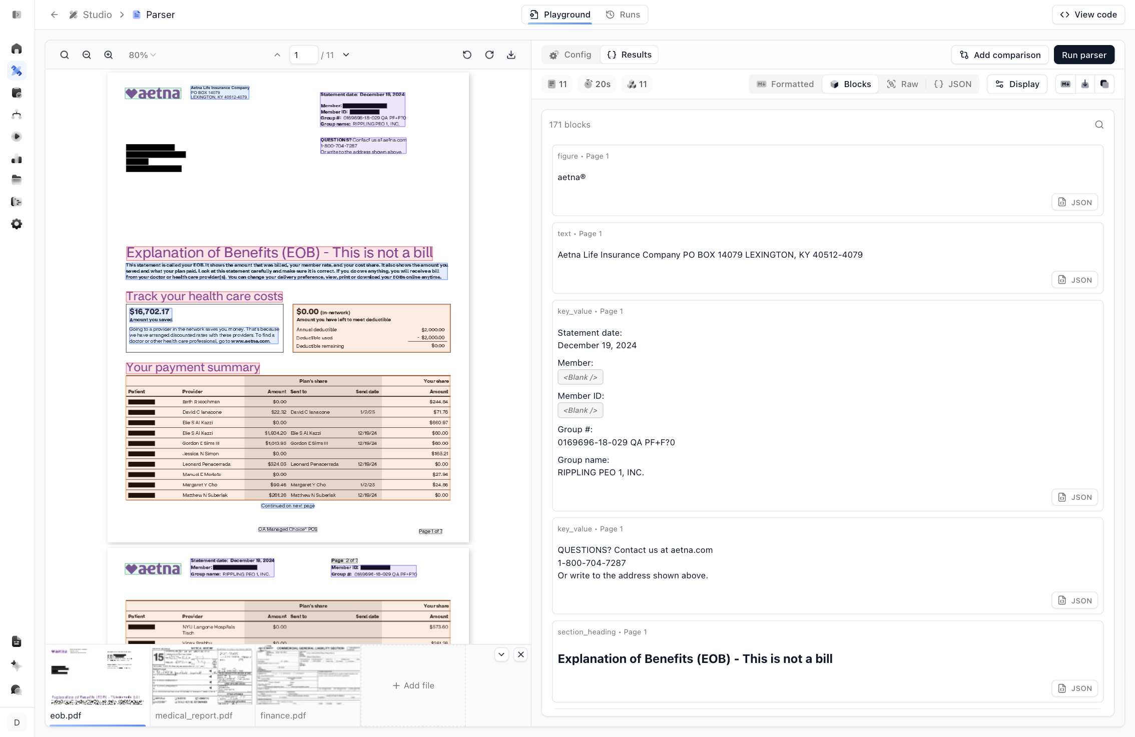 Blocks view listing typed, layout-aware blocks such as figure, text, and key_value with their page numbers