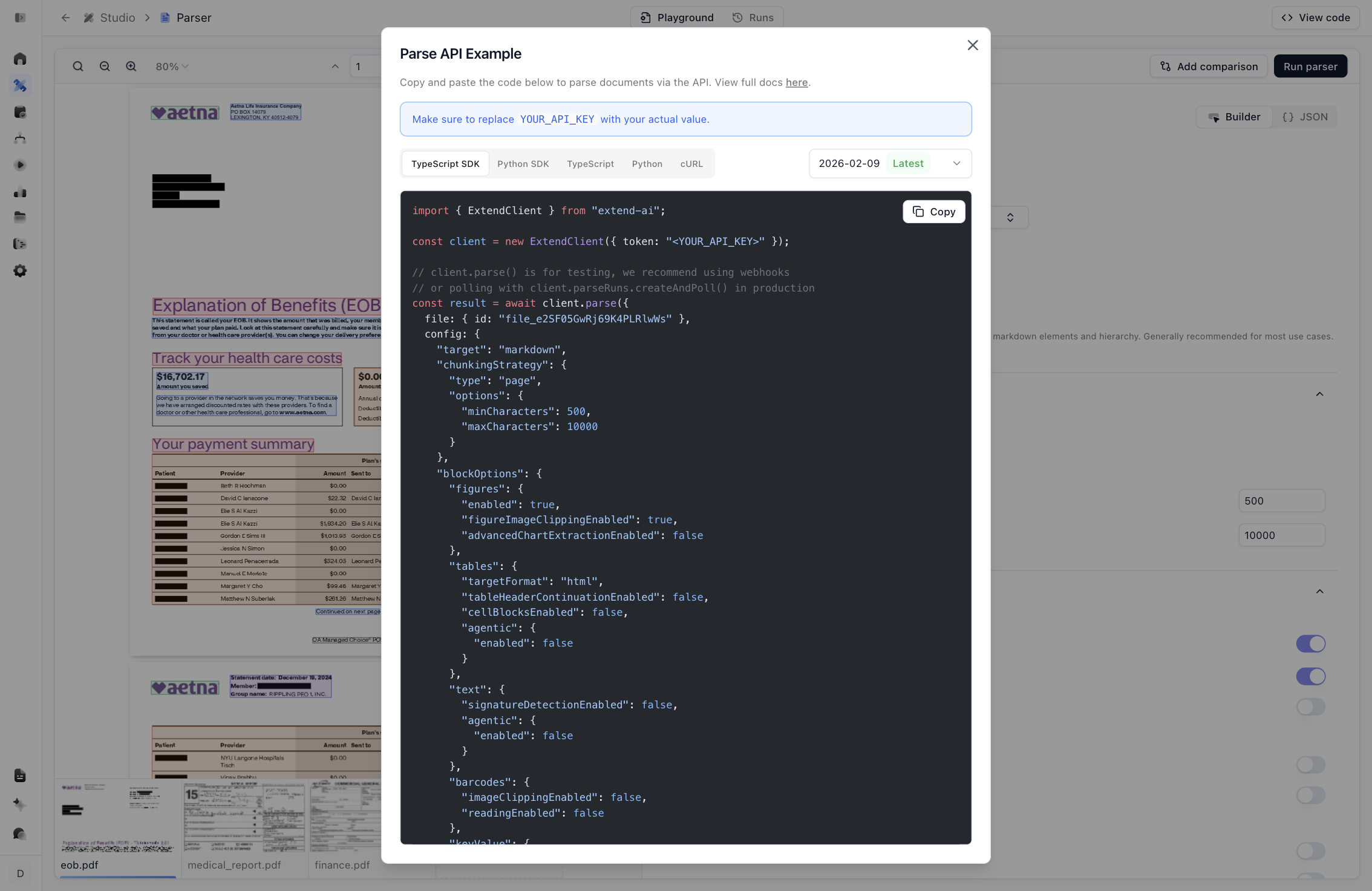 View code modal with TypeScript, Python, and cURL snippets for the parse endpoint