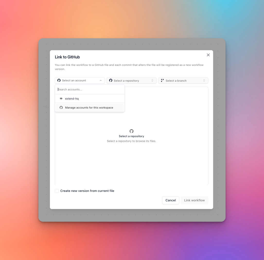 Link to GitHub dialog with the account selector open and the manage accounts option visible