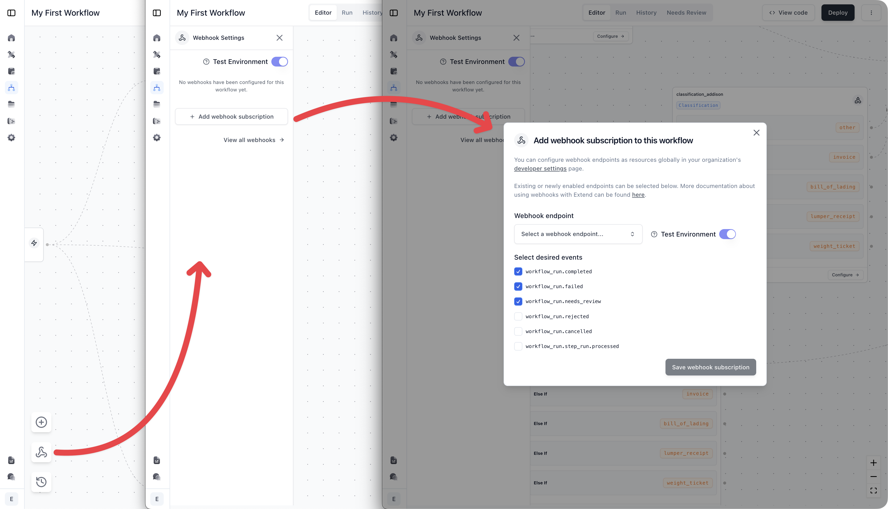 Workflow webhook subscription dialog with a test endpoint selected