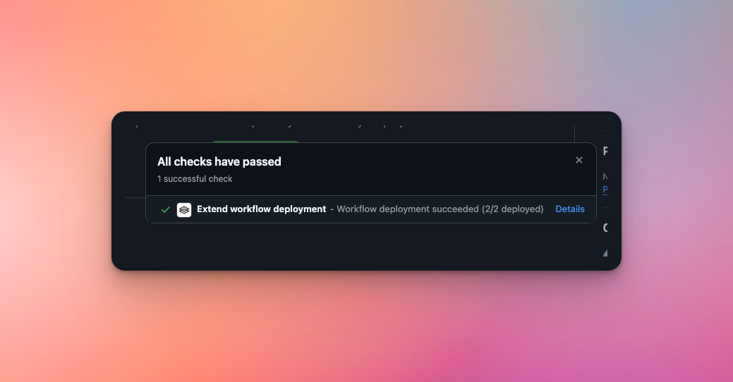 GitHub commit checks panel showing the Extend workflow deployment check passing