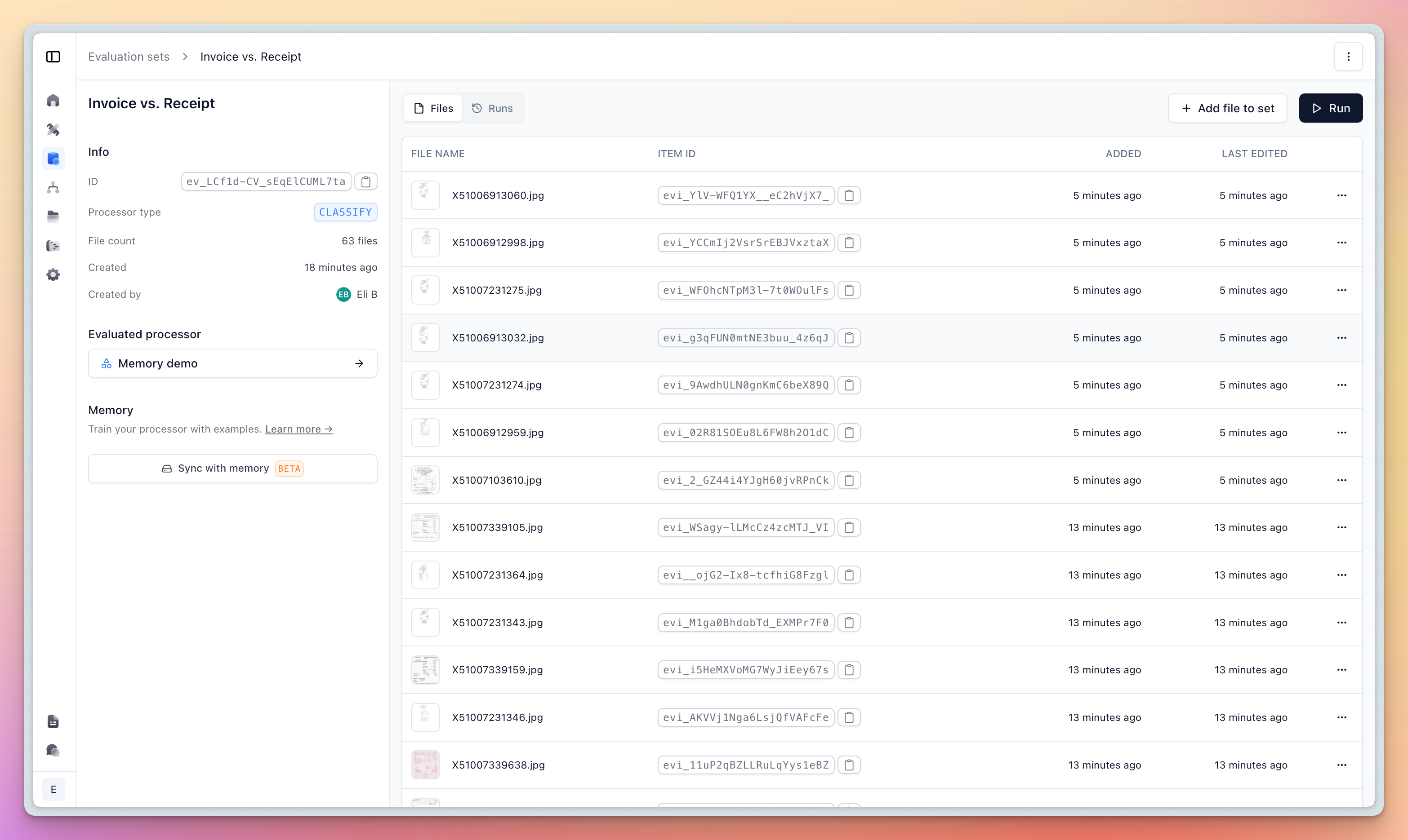 Dialog for syncing memory examples from an evaluation set