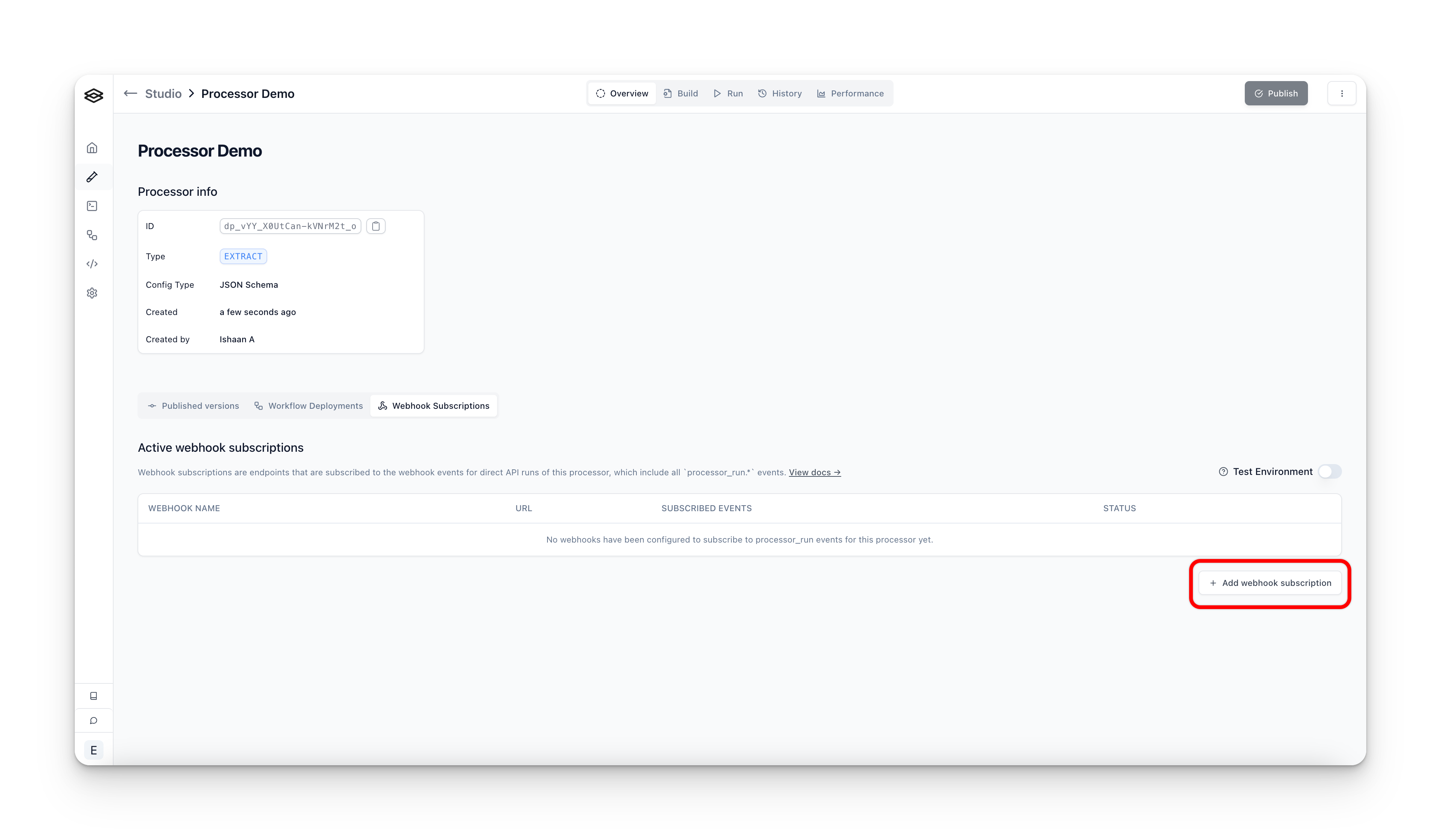 Adding a webhook subscription from a processor page