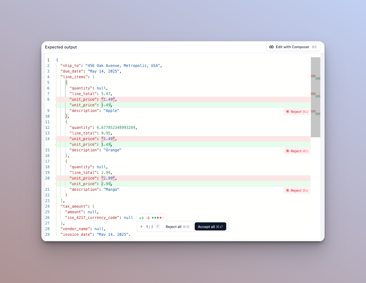 Diff of proposed expected-output changes with accept and reject controls