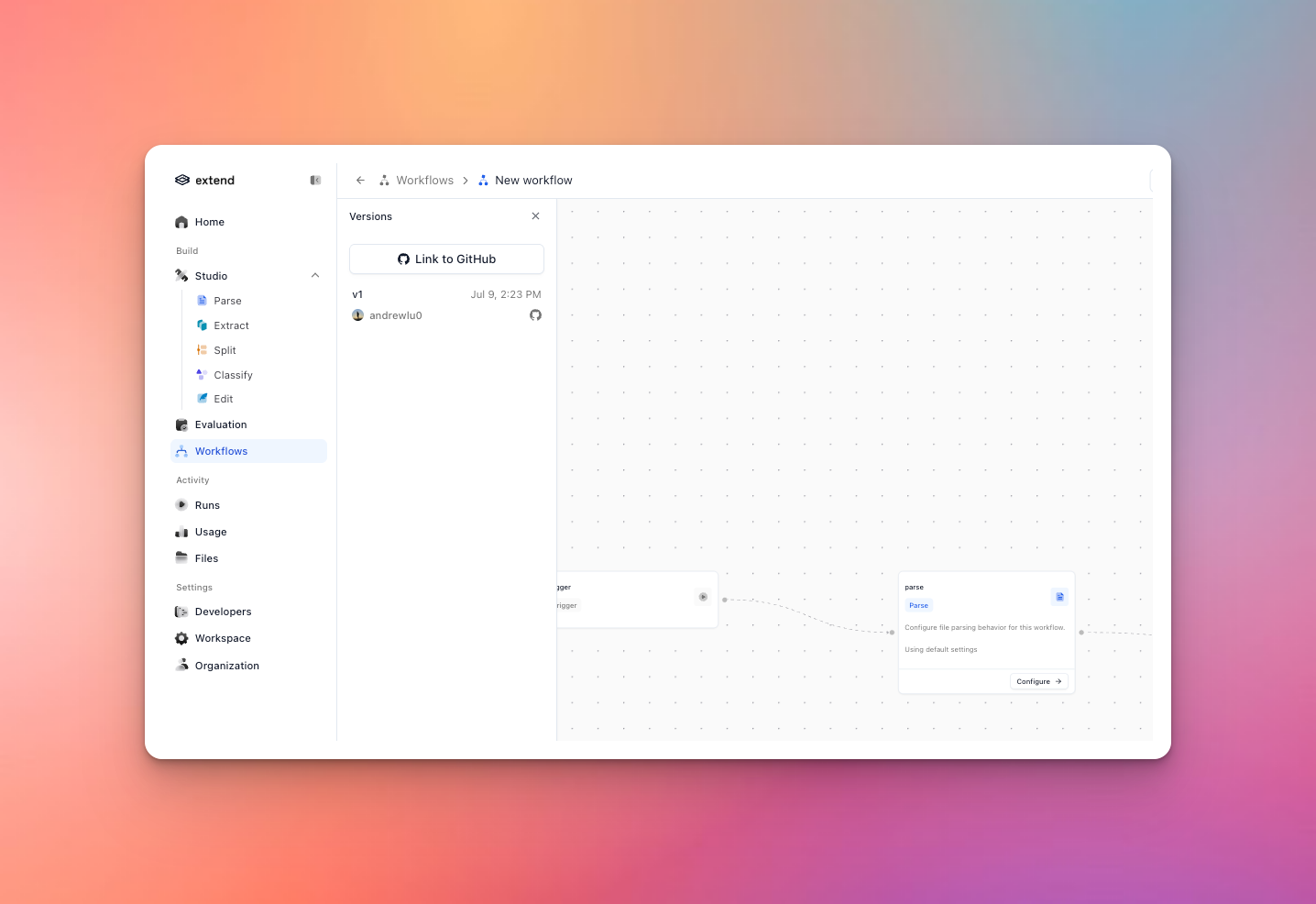 Workflow version side panel showing the Link to GitHub button