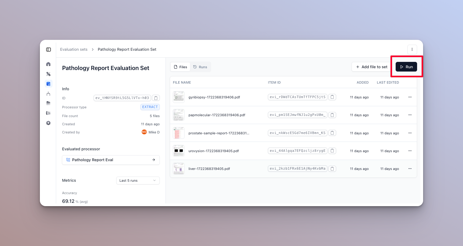 Eval runner home screen listing evaluation sets