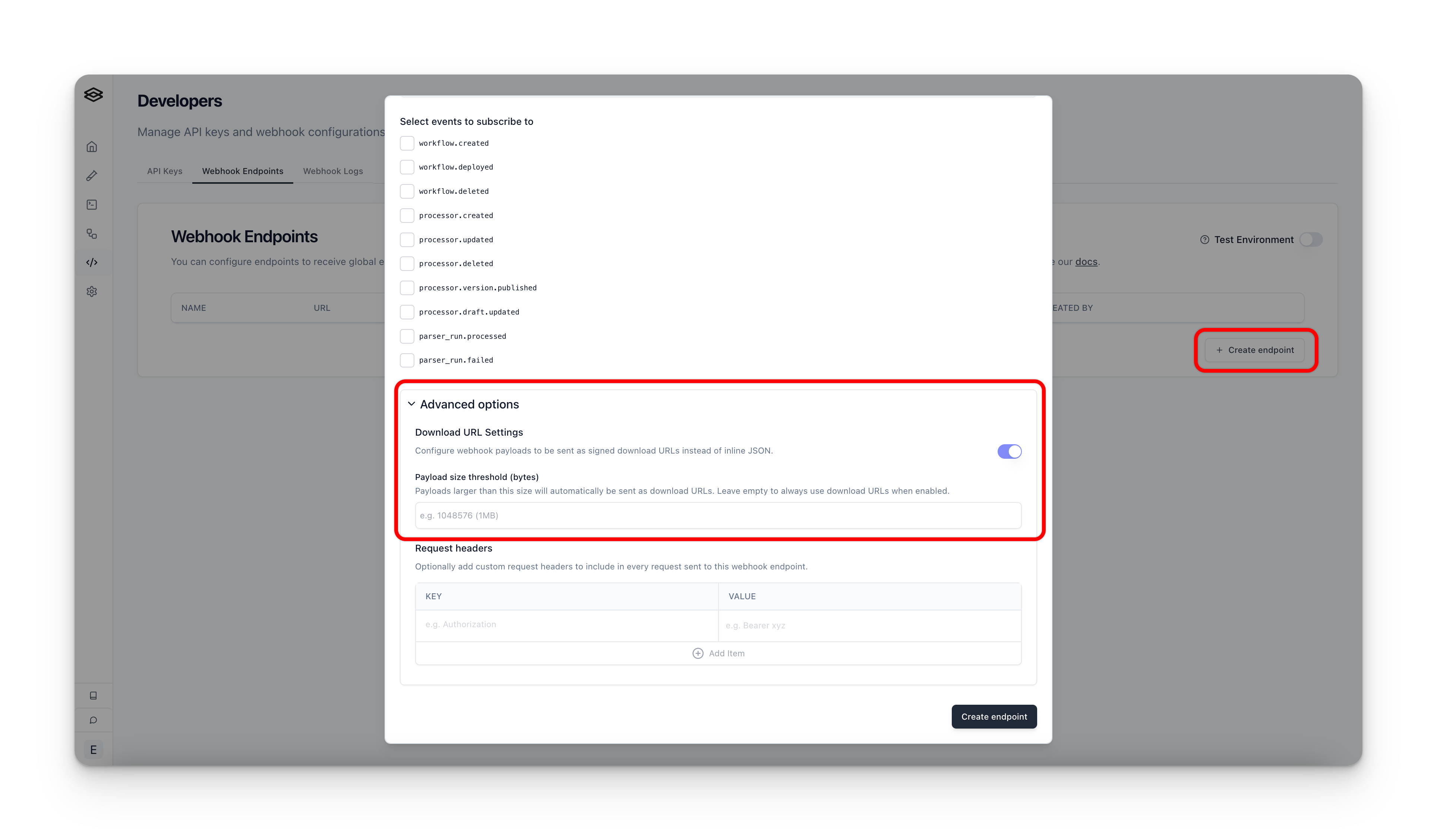 Webhook settings for including file download URLs in payloads