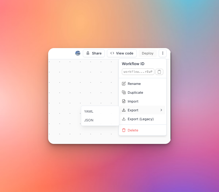 Workflow menu showing the Export options for YAML and JSON files
