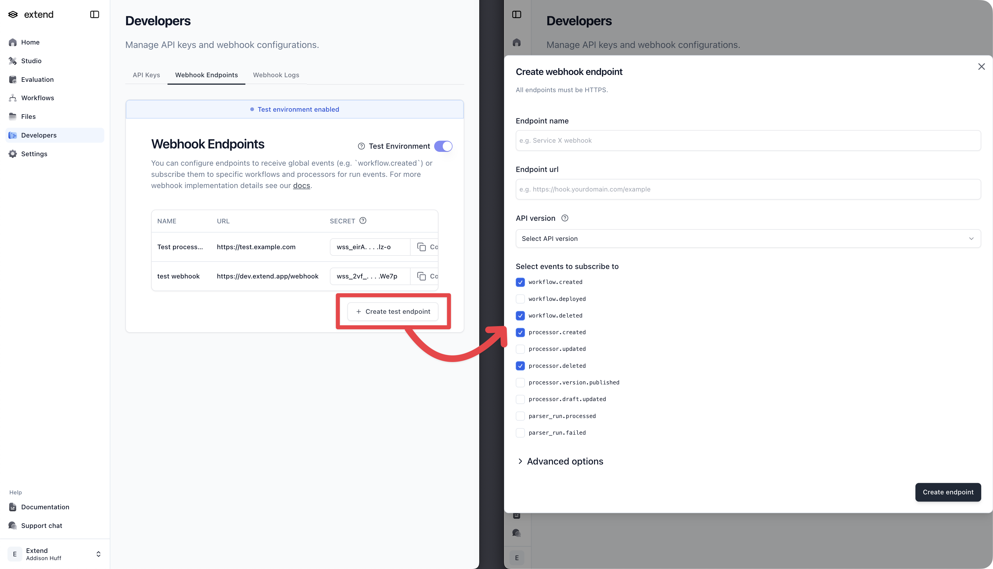 Webhook endpoint configuration in Studio showing a test-mode endpoint