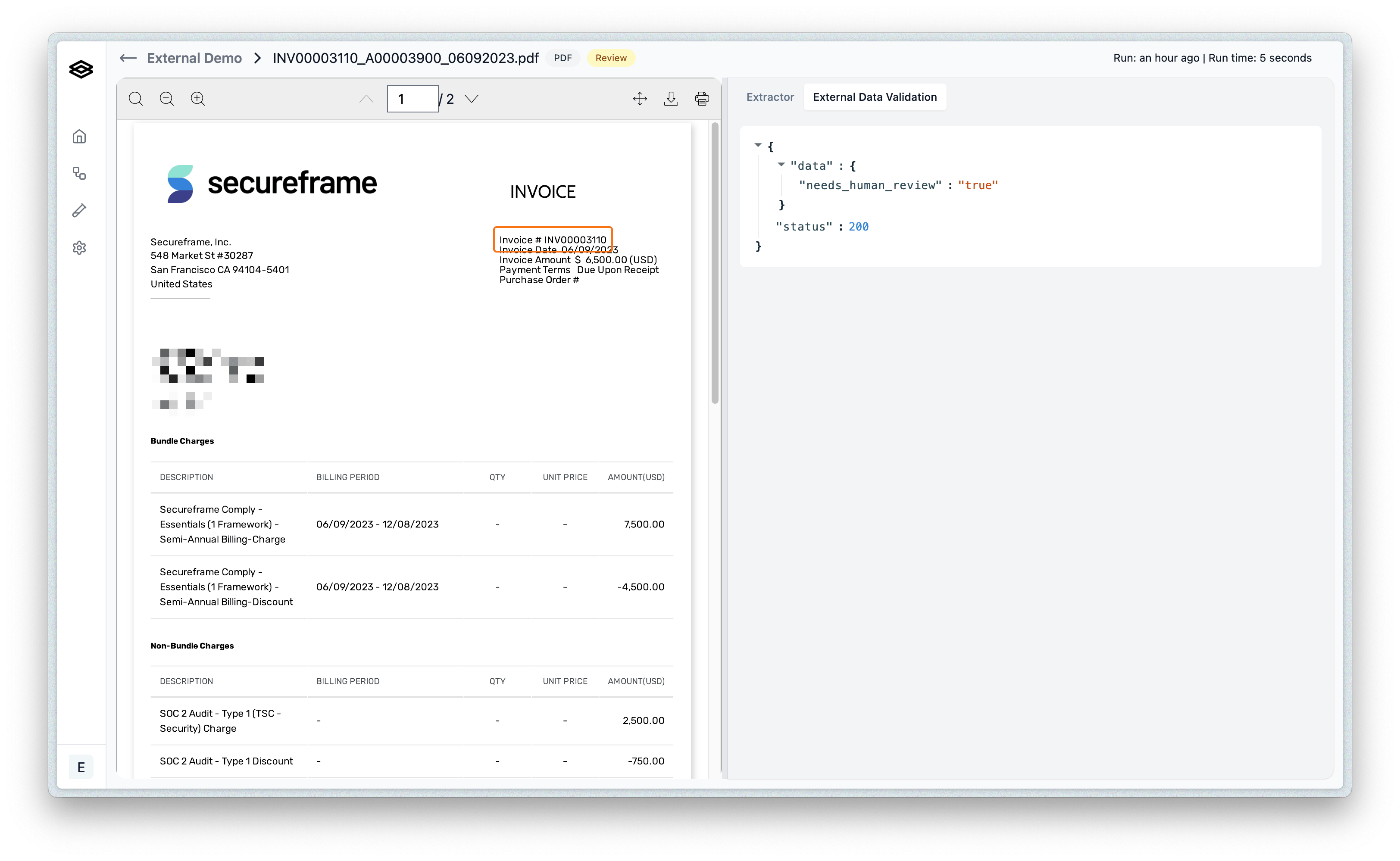 Review UI showing External Data Validation output beside extraction results