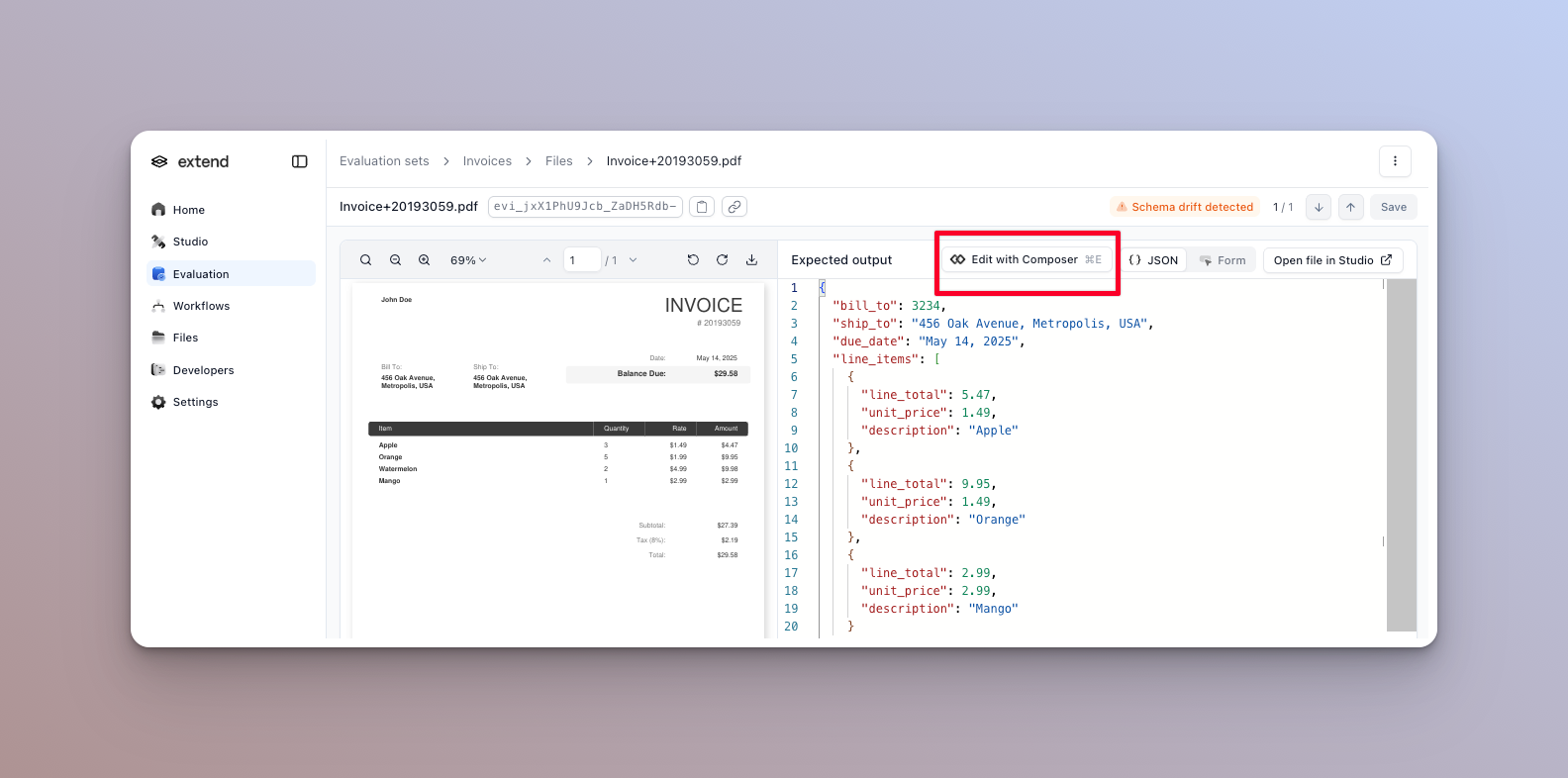 Composer editor panel applying a custom edit to an expected output