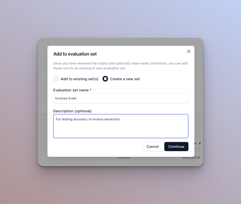 Dialog for naming and describing a new evaluation set
