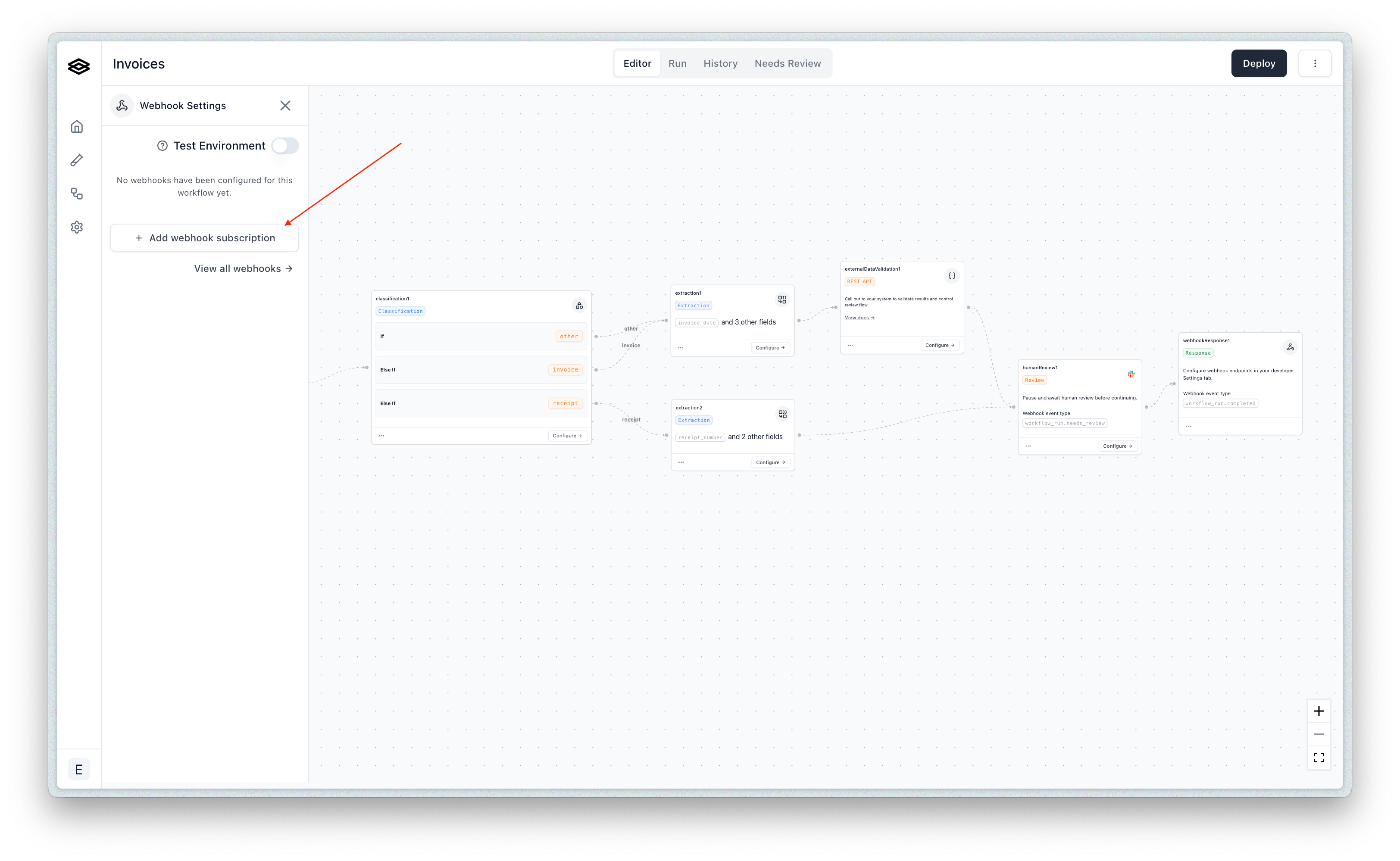 Create subscription button on the webhook endpoint page