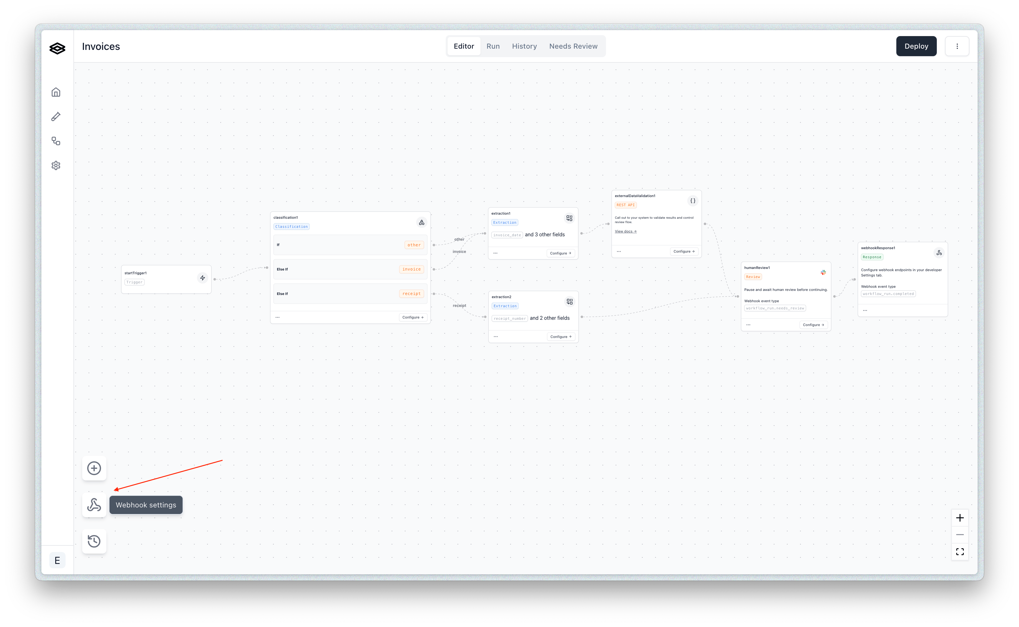 Selecting webhook settings in the dashboard
