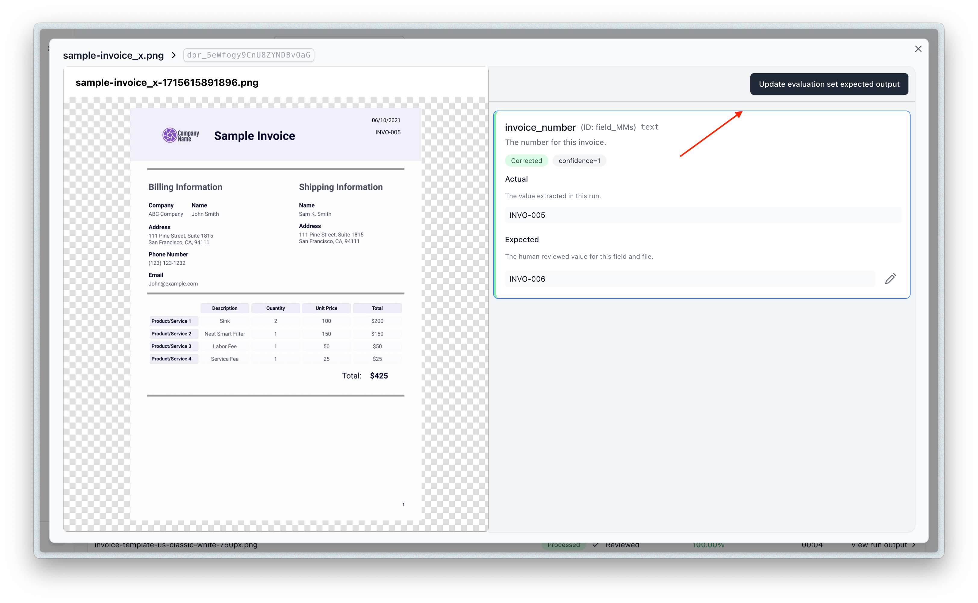 Updating an evaluation set item with a corrected expected value