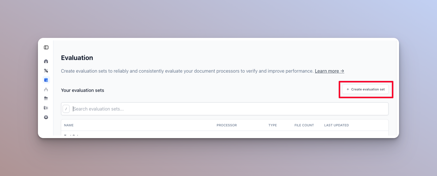 Evaluation page in Extend Studio with the "Create Evaluation Set" button