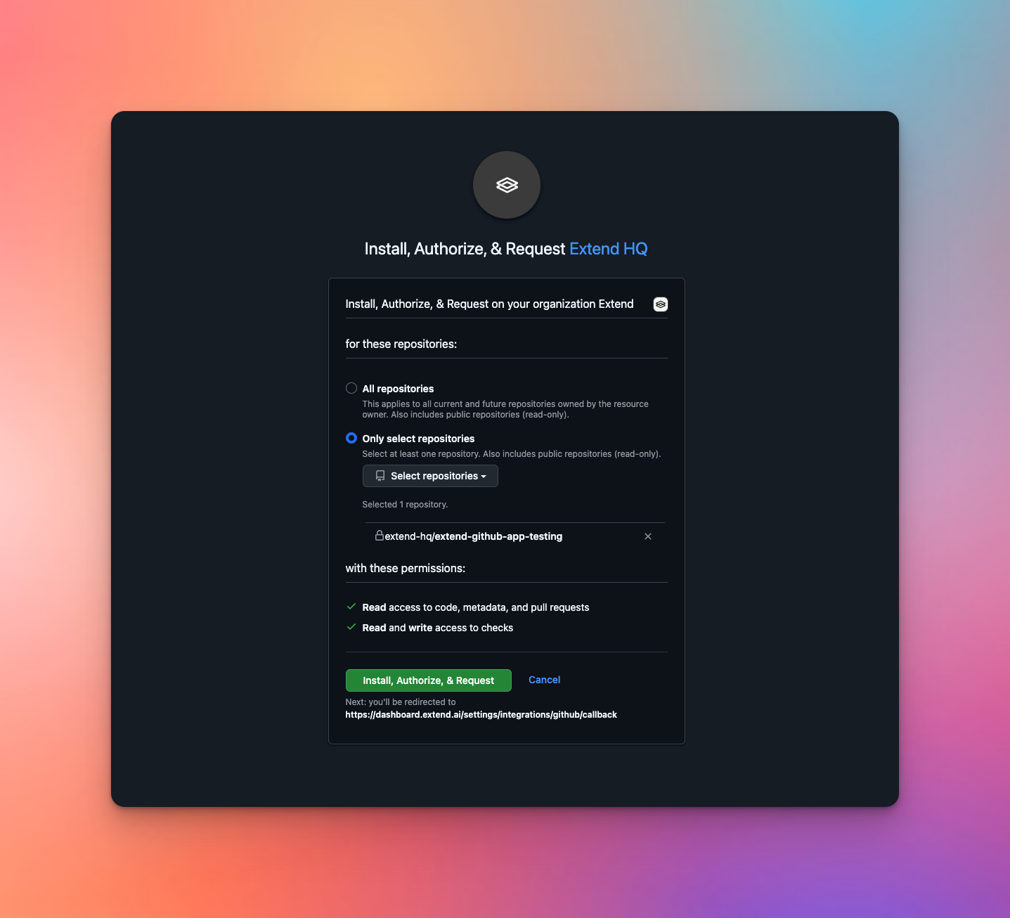 GitHub App installation page showing selected repositories and requested permissions