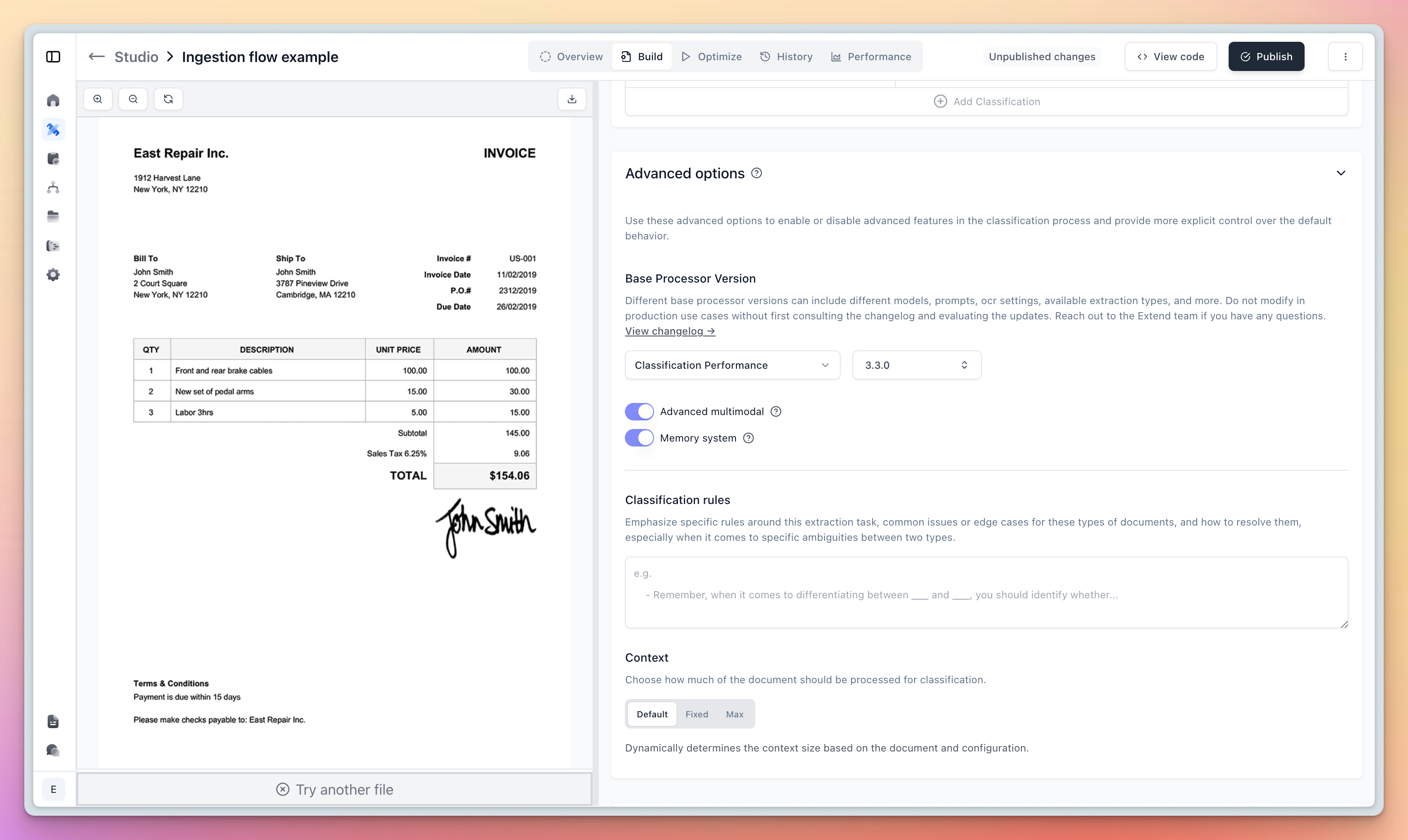 Classifier advanced options with the Memory system toggle enabled