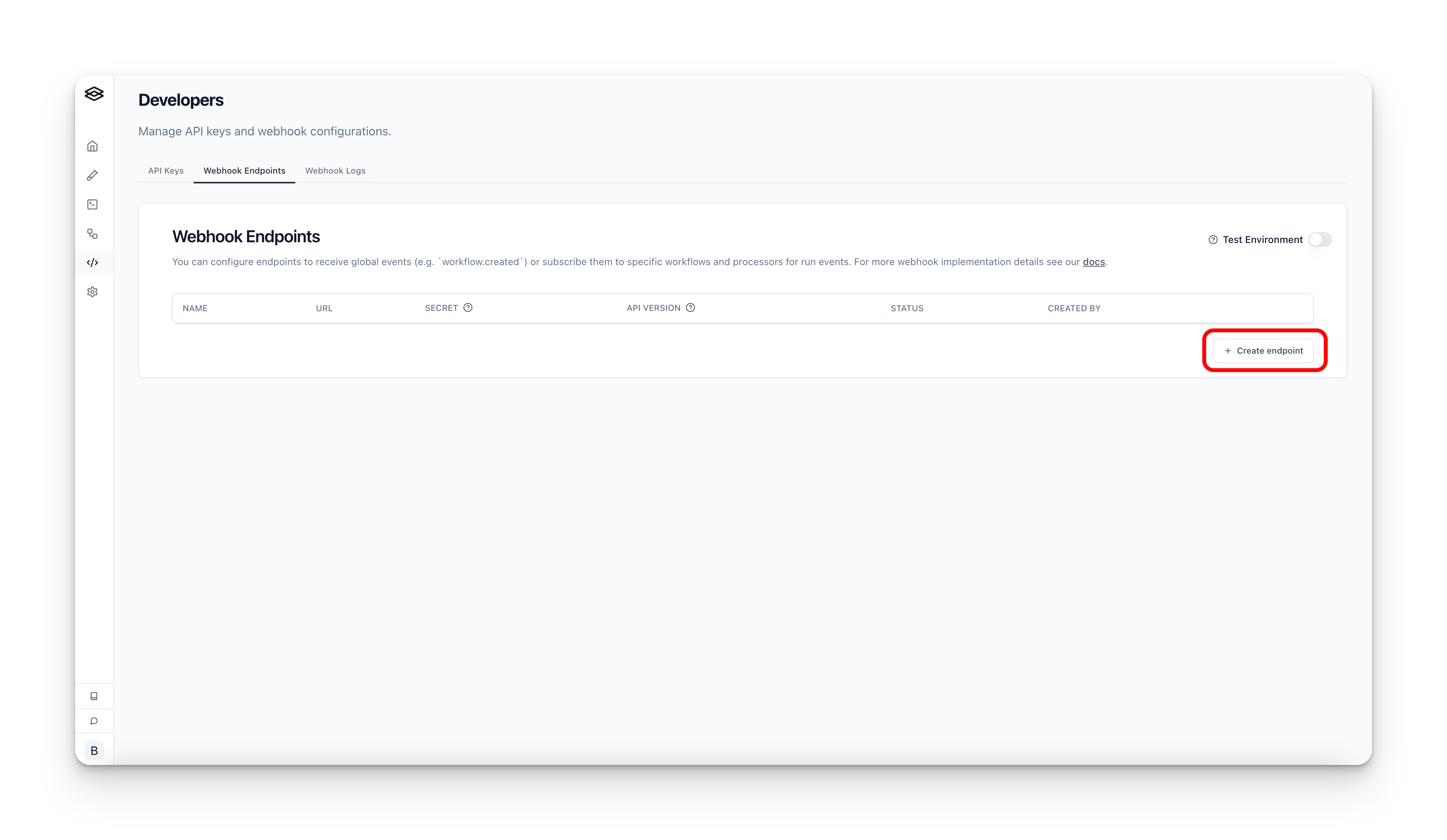 Webhooks settings page with the create endpoint button