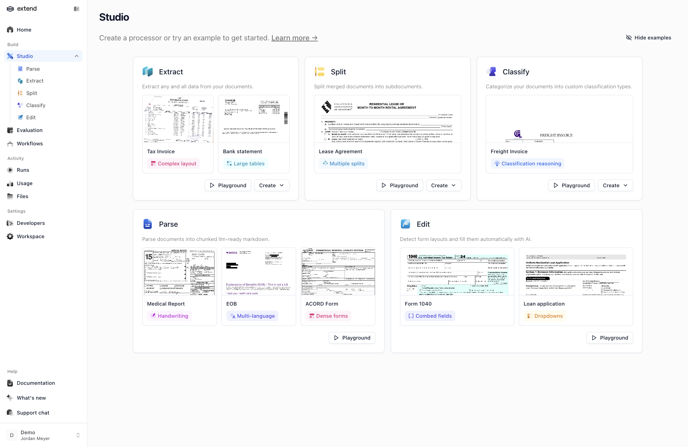 Extend Studio landing page with processor types and example documents