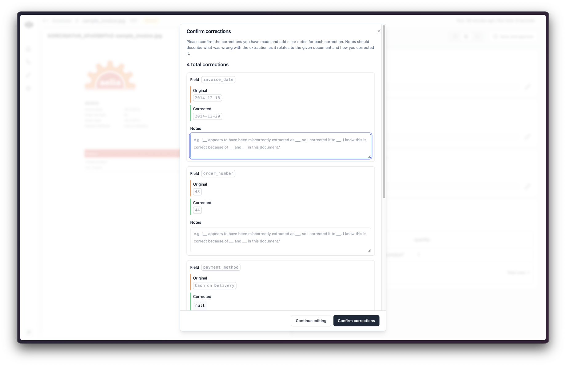 Confirmation dialog for submitting corrections on a workflow run