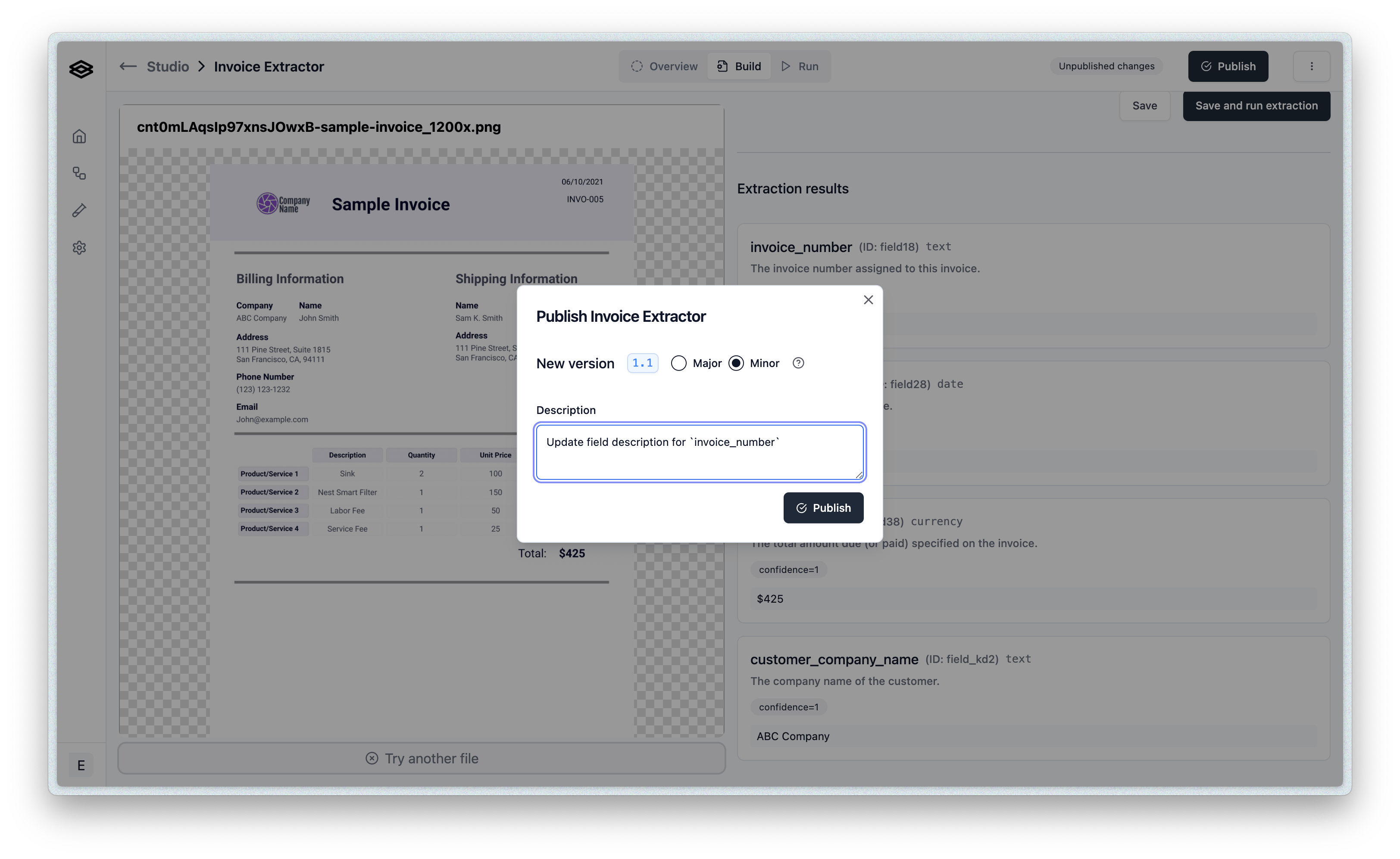 Publish dialog with the Minor release type selected
