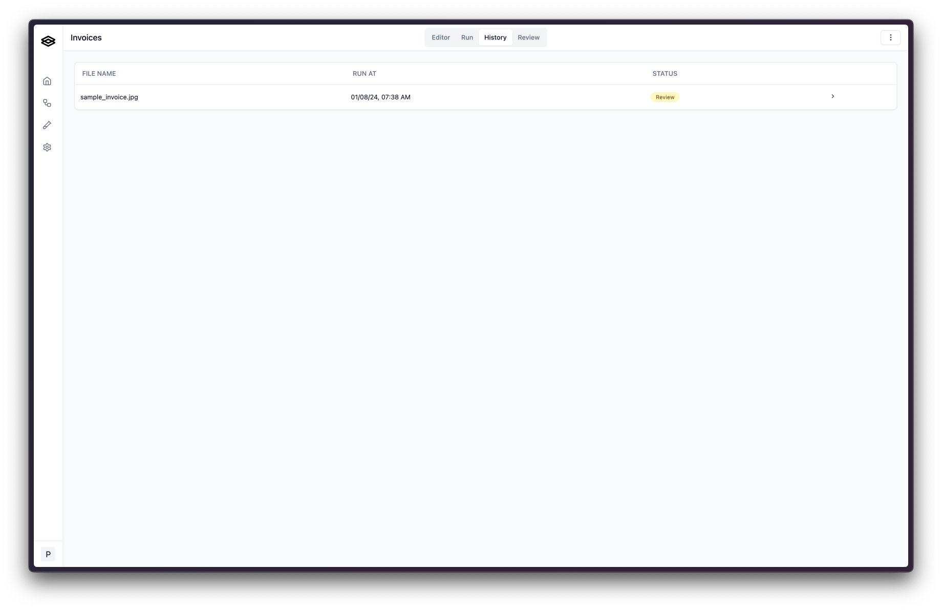 Workflow run history list in the Extend dashboard