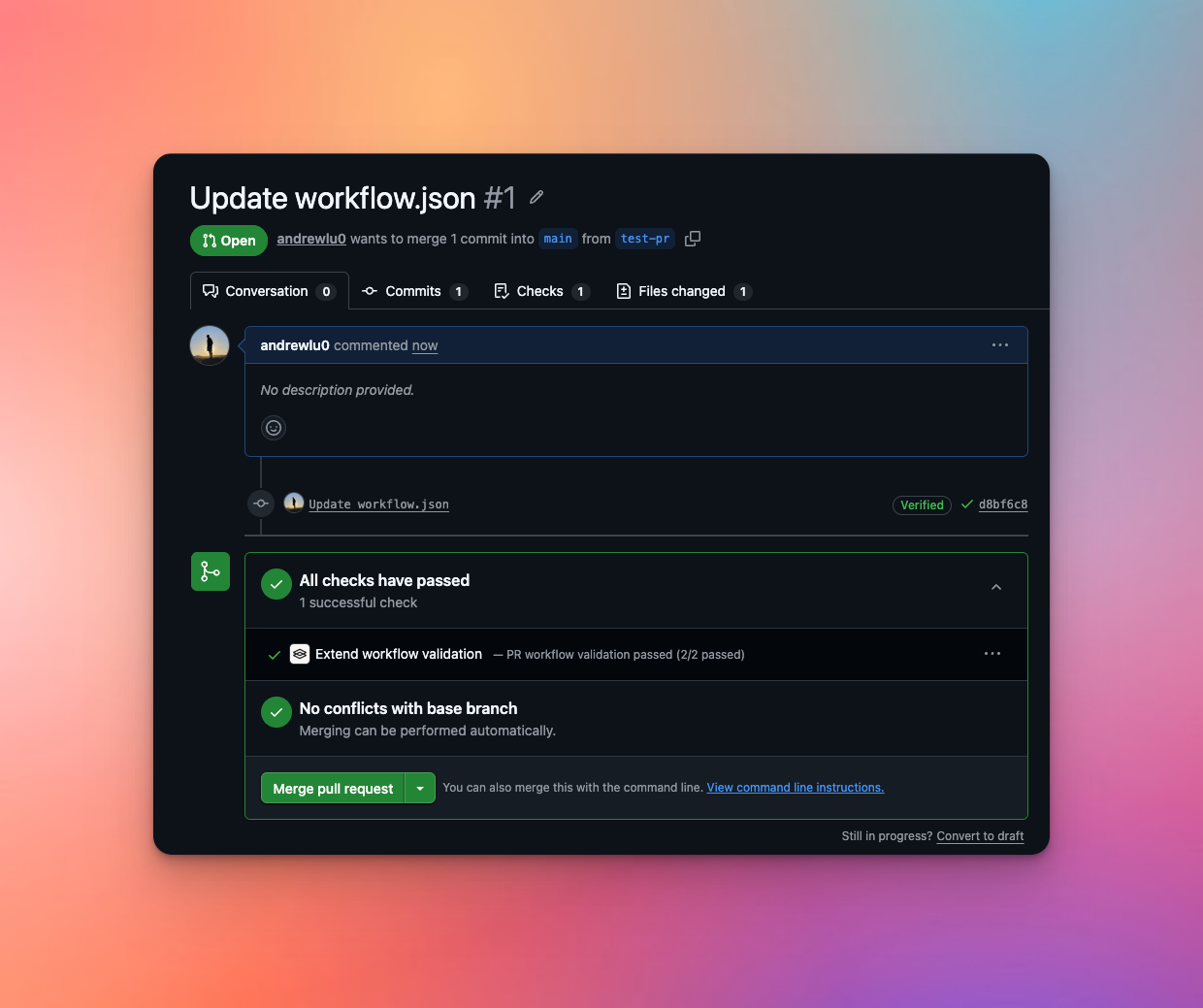 GitHub pull request showing the Extend workflow validation check passing