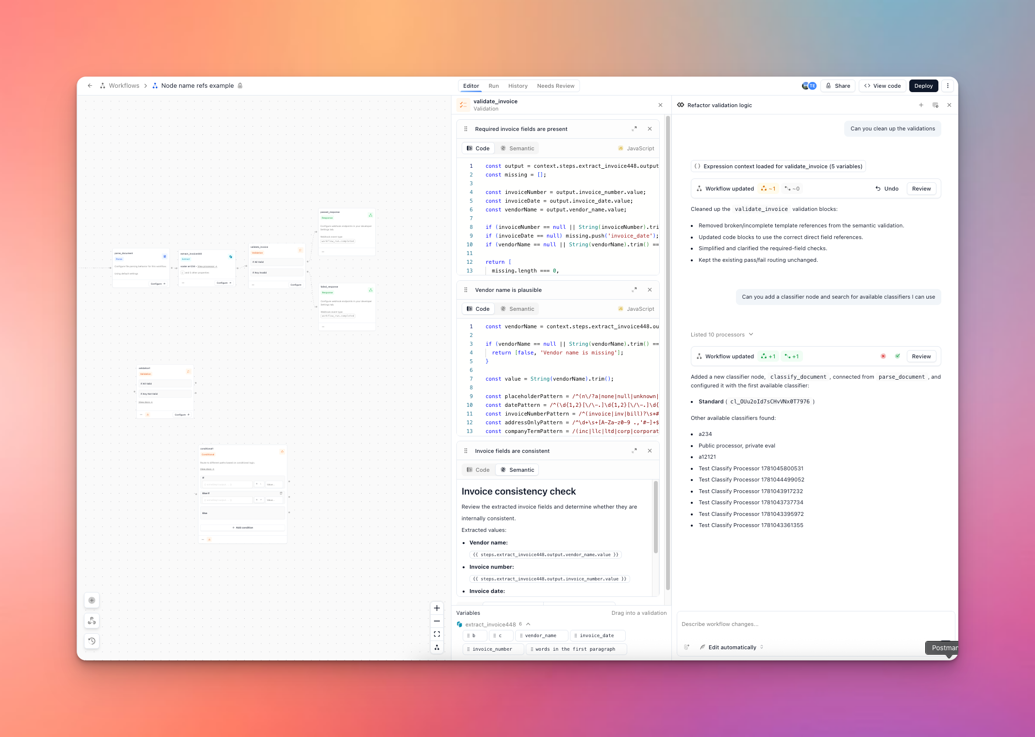 Workflow builder showing a Validation configuration beside Composer chat as it edits the workflow