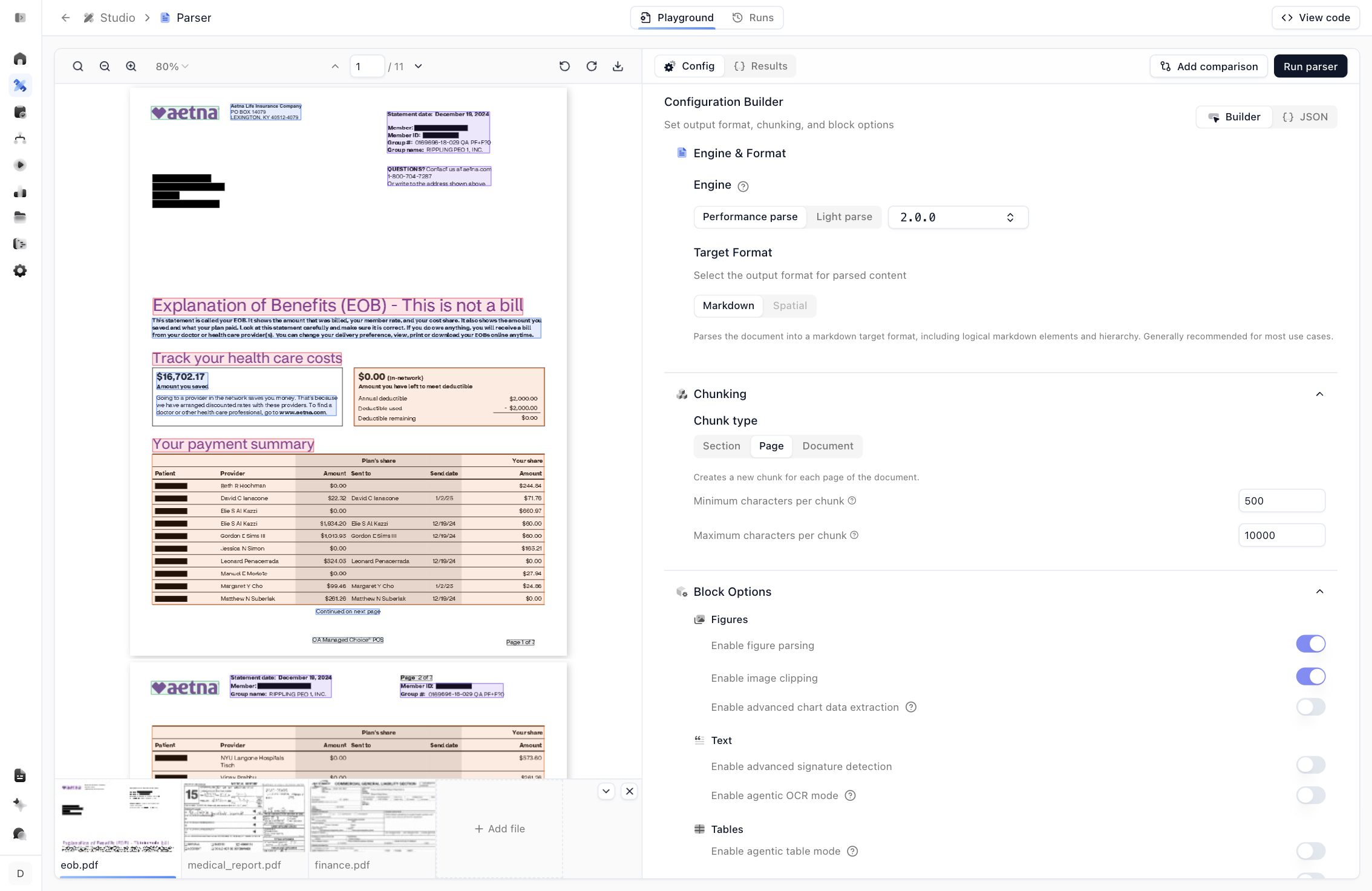 Studio parser configuration with engine, target format, chunking, and block options