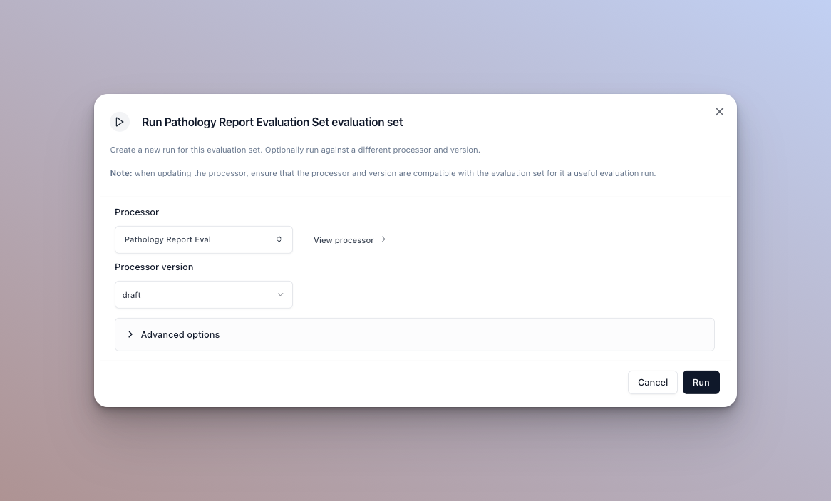 Dialog for configuring and starting an evaluation run